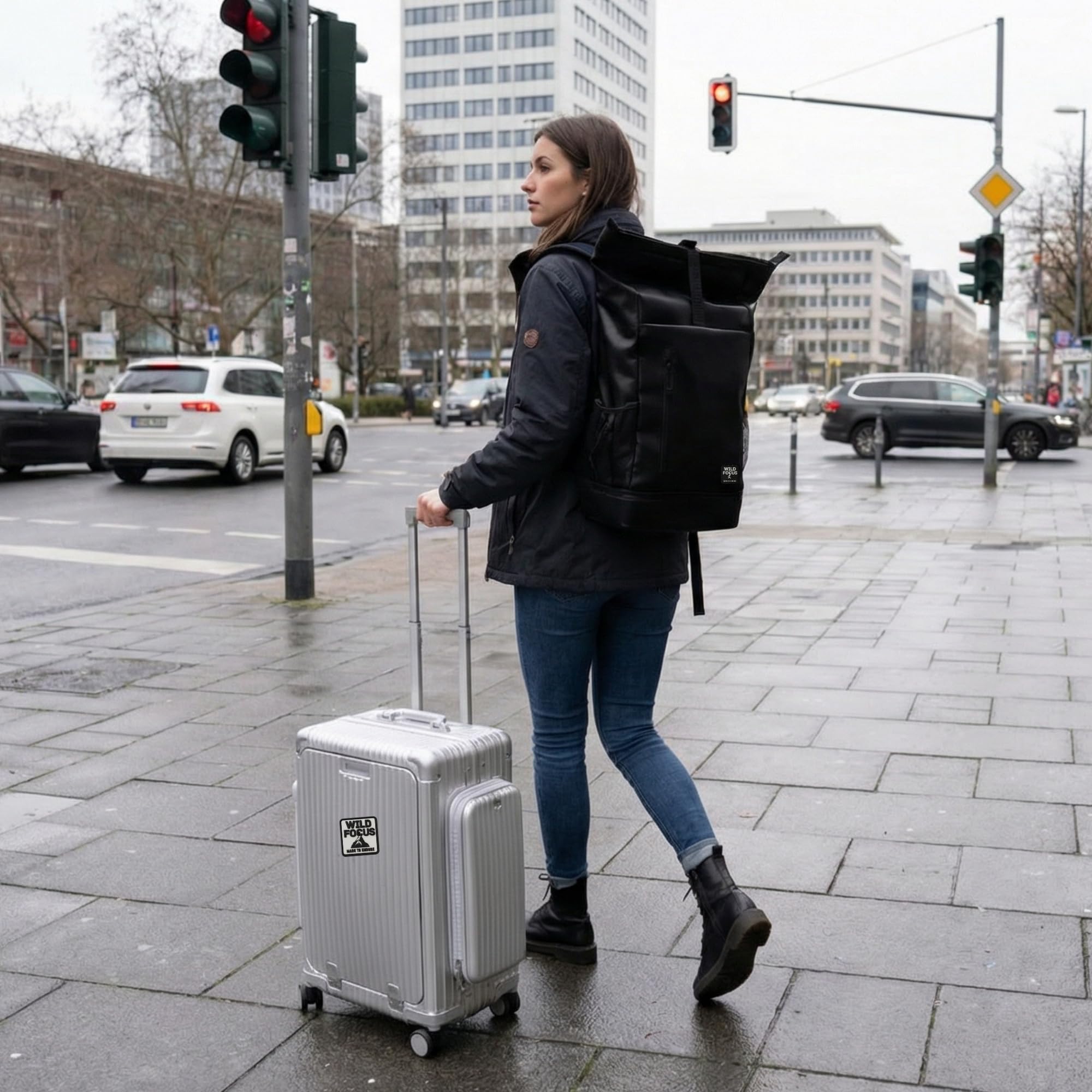 WildFocus Bagpack | Rucksack Damen & Herren | Rolltop Rucksack mit 16" Laptopfach | Backpack ideal für Reisen, City, Uni, Arbeit | wasserabweisend | Vegan Leather (Berlin)