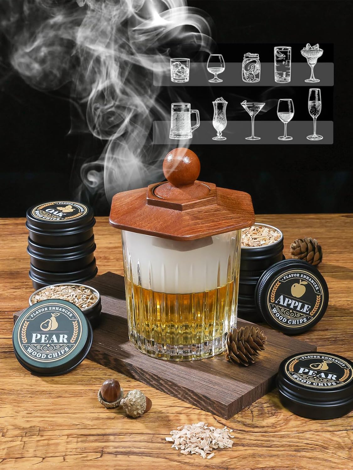 27Pcs Whiskey Smoker Kit- 16 Wood Chips,Ice Ball Molds, Cocktail Smoker Infuser Kit, Old Fashioned Drink Smoker Kit, Birthday Bourbon Whiskey Gifts for Husband,Men,Dad(No Butane)