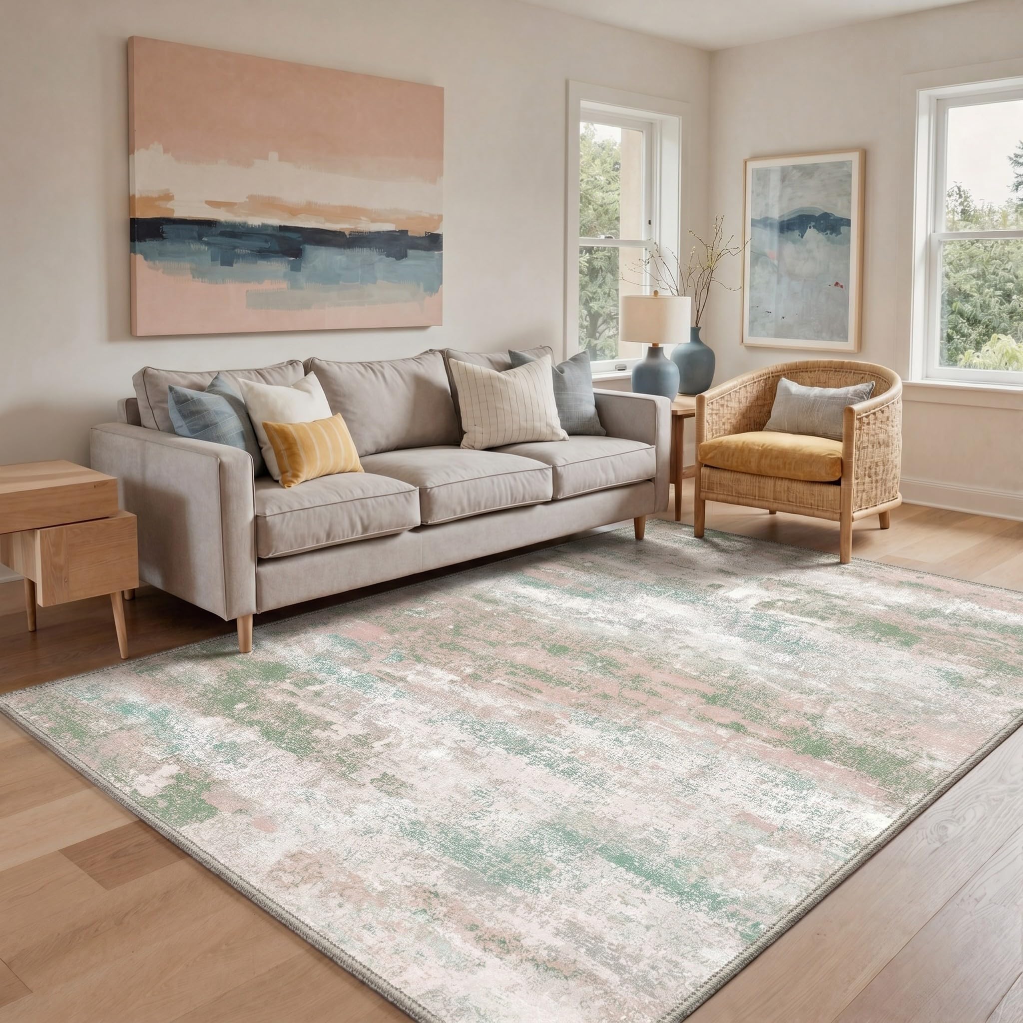 BEIMO Area Rugs 10x14 for Living Room, Pink Green Washable Abstract Rug
