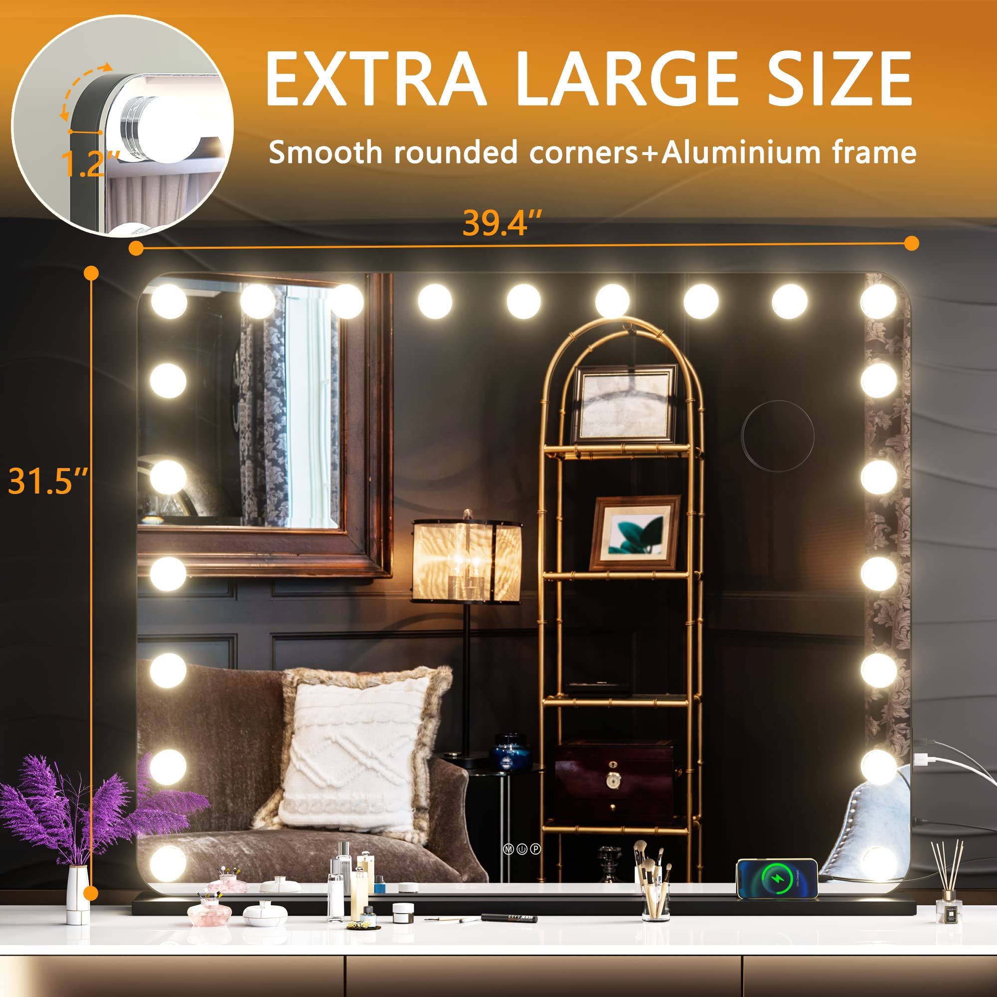 Hasipu Large Vanity Mirror with Lights, 39.4" x 31.5" Hollywood Mirror, Makeup Mirror with 21 Dimmable Bulbs and 10X Magnification, 3 Colors Modes, Touch Control, USB Charging Port, Type-C, Black