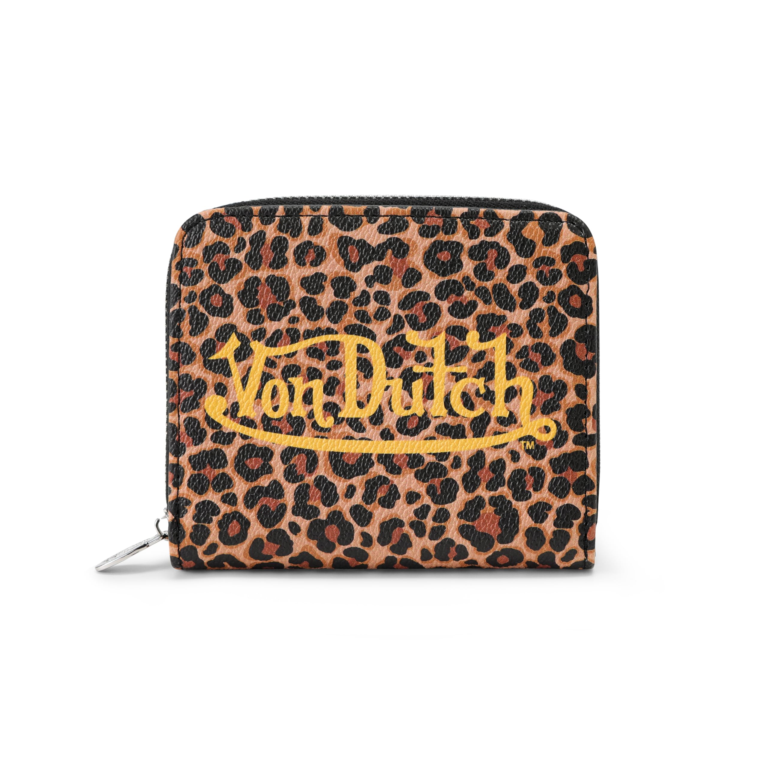 Von Dutch Zip-Up Wallet with ID Window, Vegan Leather, Slim Unisex Design for Men & Women (Leopard)
