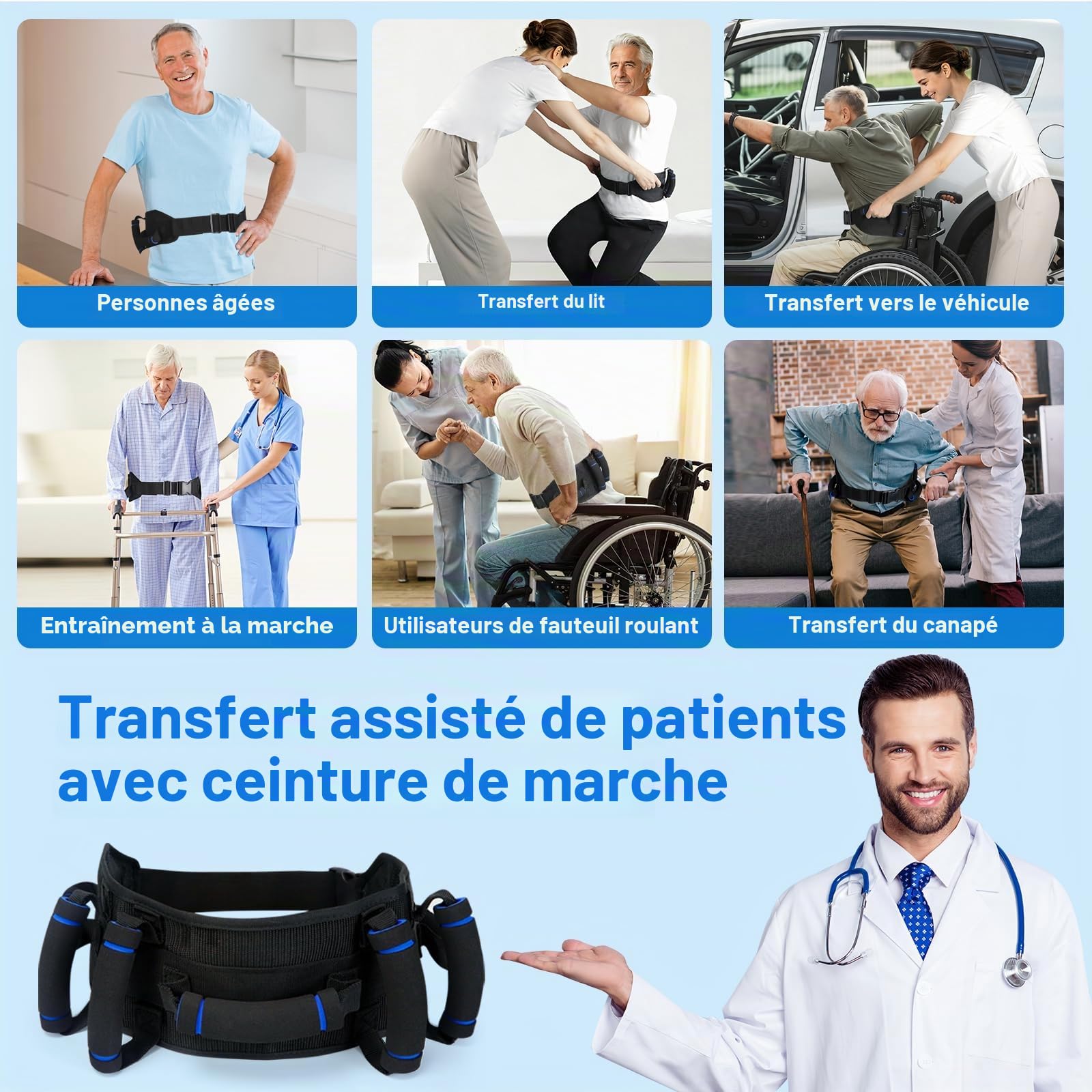 Ceinture de gait avec poignées, ceinture de transfert pour personnes âgées, ceintures de guise pour patients, ceintures de guêtre pour personnes âgées, poignées en caoutchouc