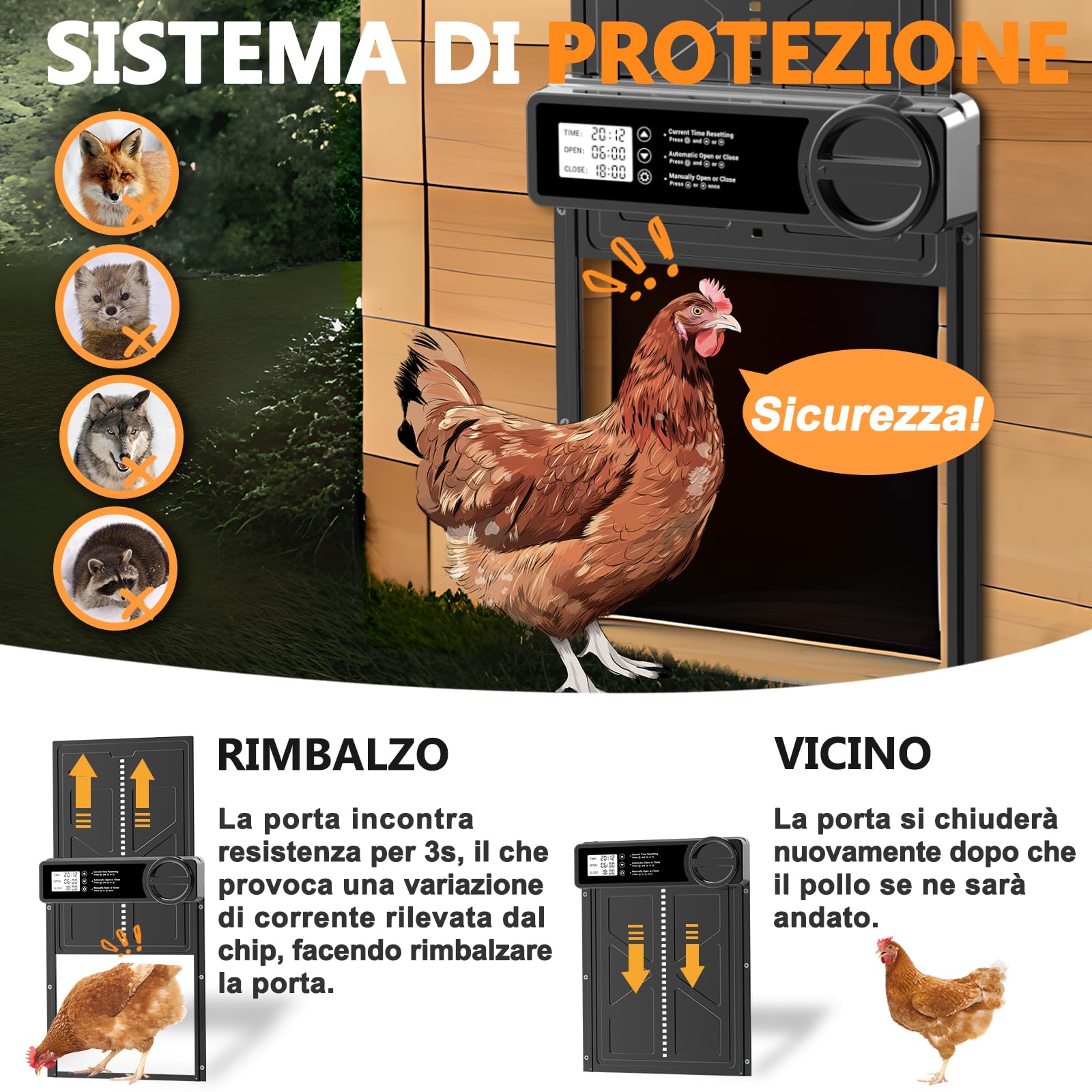 INNOLAND Porta Pollaio Automatica - Grande, Porta Automatica per Pollaio in Lega di Alluminio | Anti-Pizzicamento | Manuale e Timer | Grande Display, Porta per Pollaio Automatica Alimentata a Batteria
