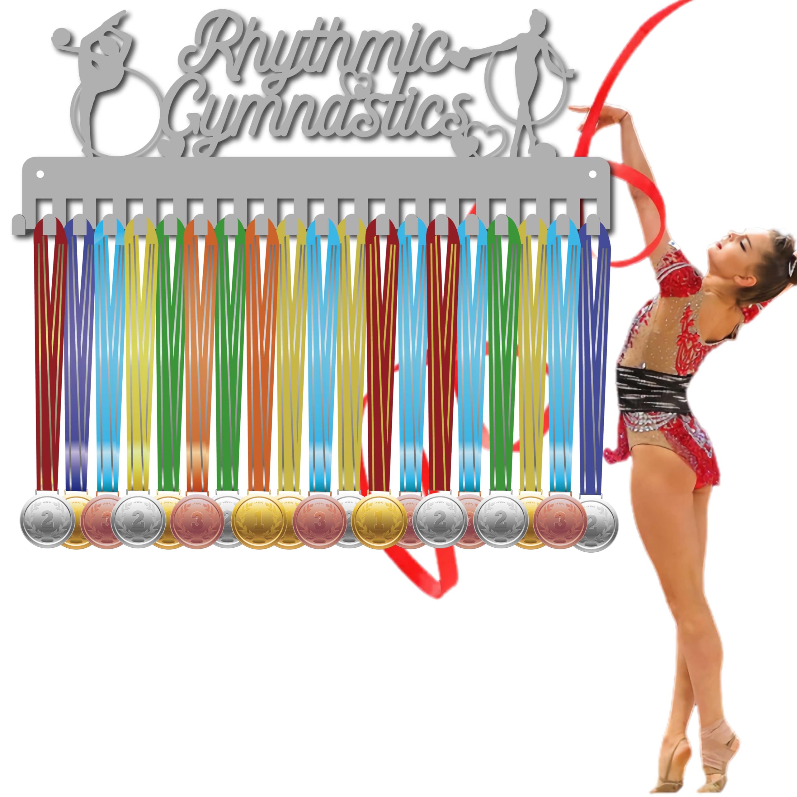 CREATCABIN Porta Medaglie Display Porta Medaglie Ginnastica Ritmica Rack Sport Metallo Appeso Atleta Premi Decorazione Da Parete In Ferro con 20 gancio per Competizione Nastro Cordino Medaglie 40x15cm