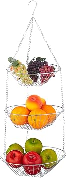 Relaxdays Hanging Baskets 3-Tiers, Hanging Fruit Basket, Storage Suspended From Ceilings, Space-saving, Steel, Silver