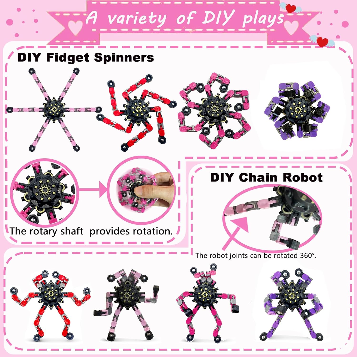 24 Set Valentines Day Cards for Kids Classroom,Fingertip Spinner Sensory Toys with Cards,Transformable Chain Robot Fidgets Spinners Toy,Valentines Party Favors Classroom Exchange,School Games Prize