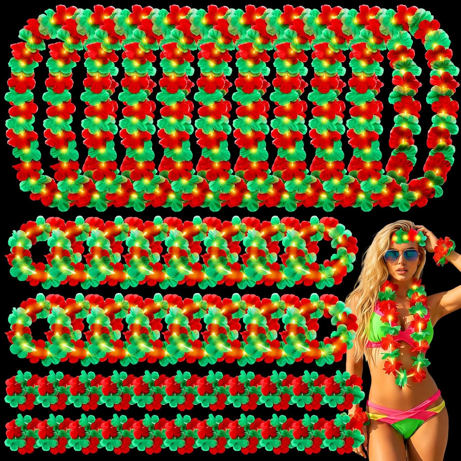 72 Pcs Hawaiian Christmas Leis Set for Luau Party- Red Green LED Light up Flower Necklaces, Glow Headbands, Bracelets for Xmas Christmas Party Decorations, Holiday Ornaments