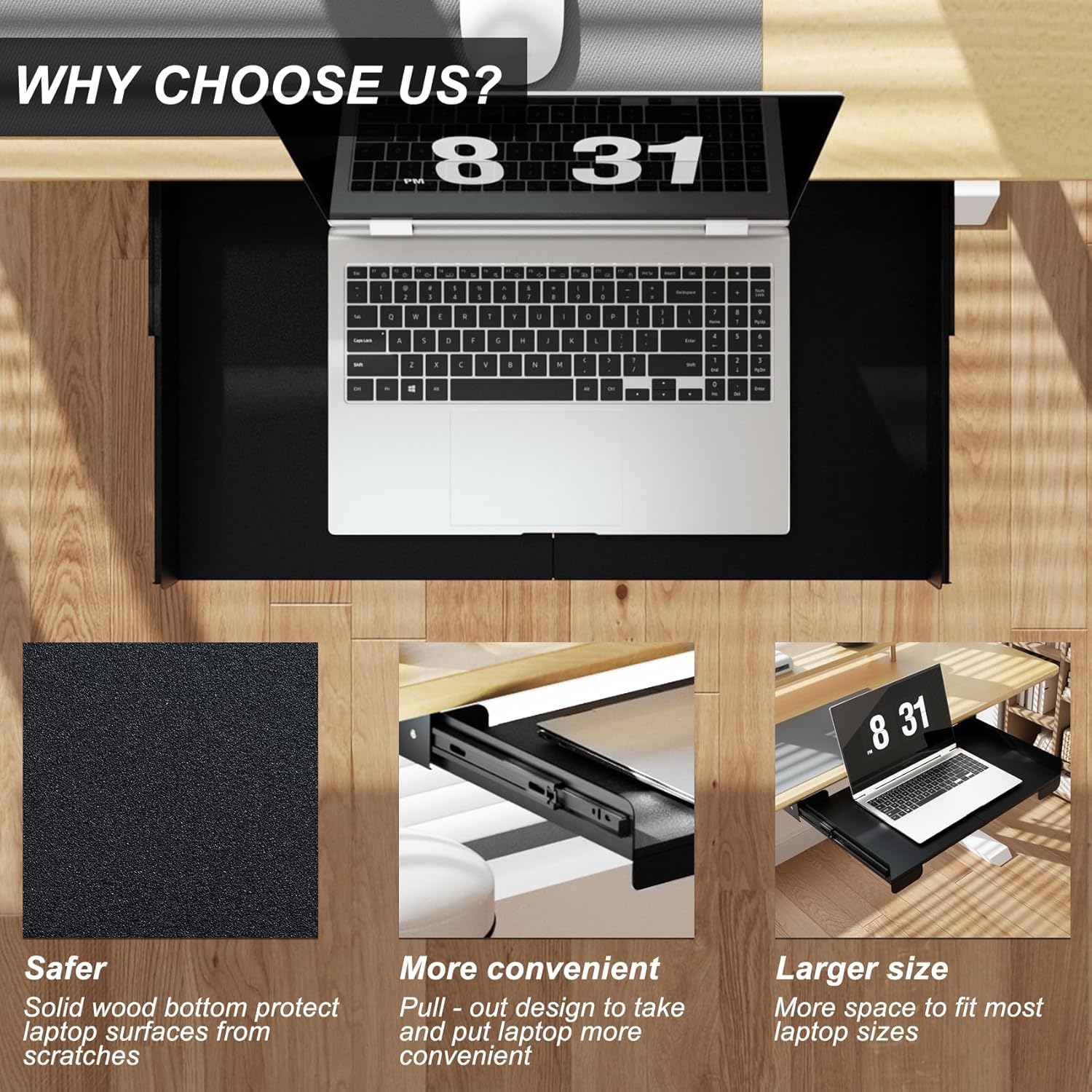 26 Inch Under Desk Mounted Sliding Loptop Drawer, Desktop Extension Pull-Out Laptop Tray for Office Desk, Extra Storage Organizer for Sit Stand Workstation