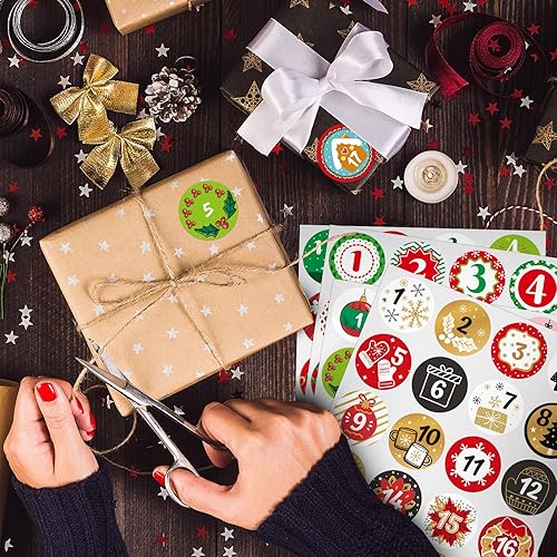 Miniatura 3 de 192 calcomanías de Adviento de Navidad, 1-24 calcomanías de cuenta regresiva de números, calendario de Adviento de bricolaje, sellado de regalo,