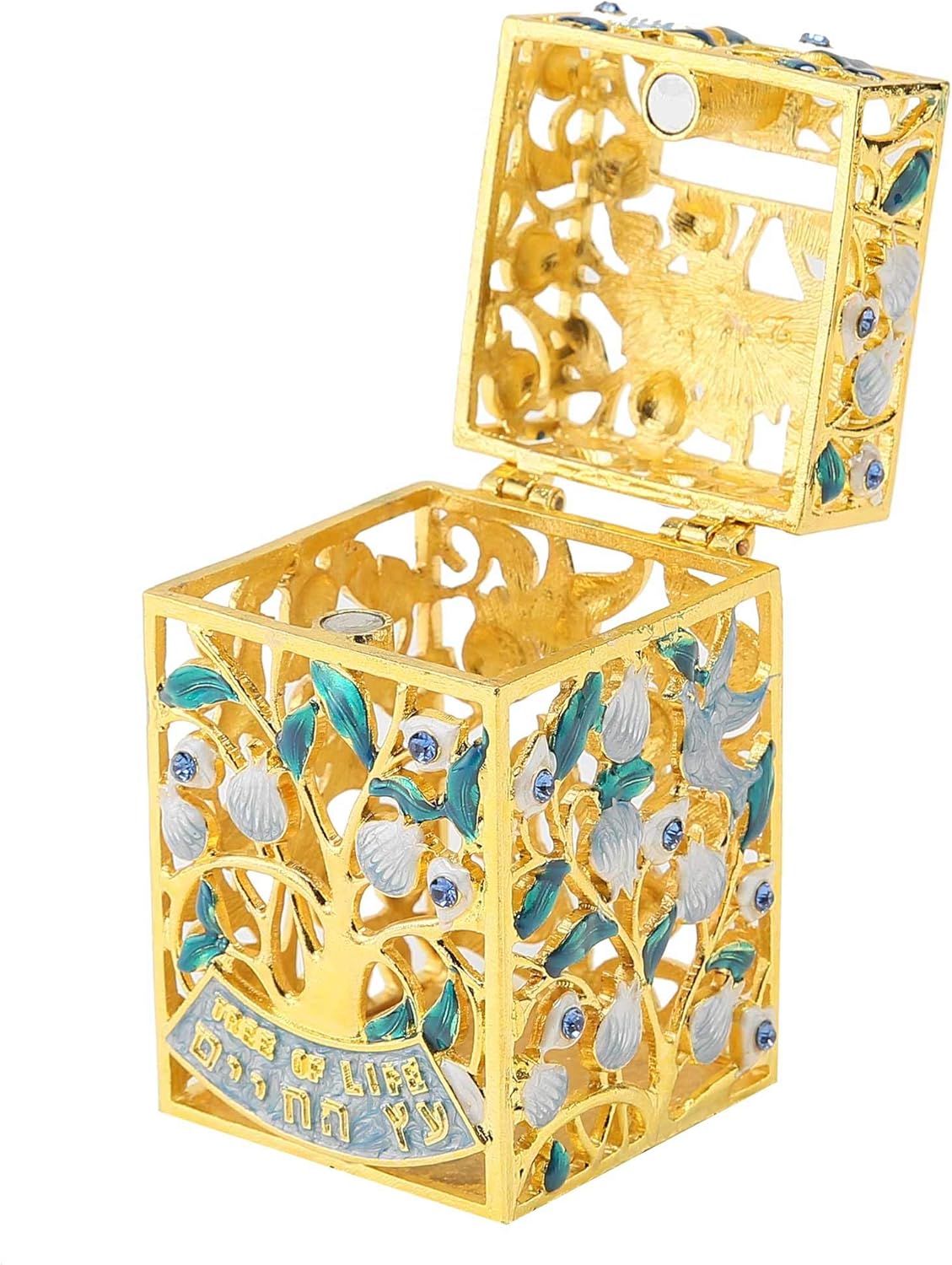 Matashi Hand-Painted Enamel Tzedakah Charity Box Keepsake Treasure Box Embellished with Crystals and a Tree of Life Motif Design with Gold Accents, Judaica Home Decor Piggy Bank Gift for Holiday