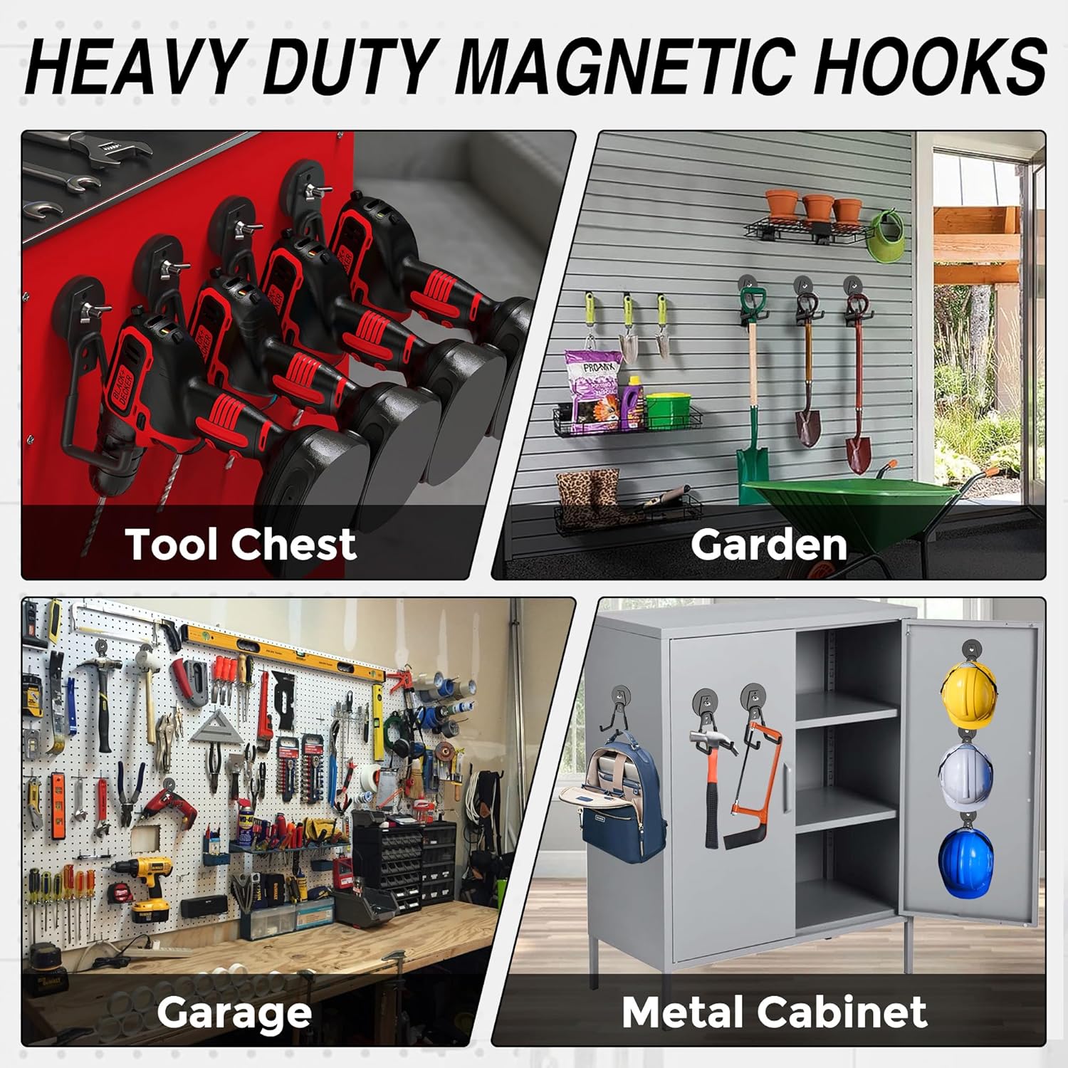 6 Pack Heavy Duty Storage Magnetic Utility Hooks Large Garage Strong Extra Magnet Hooks Hanger with Anti-Slip Coating Heavy Duty Magnetic Hooks for Hanging Power Dril Garage Garden Tools Black