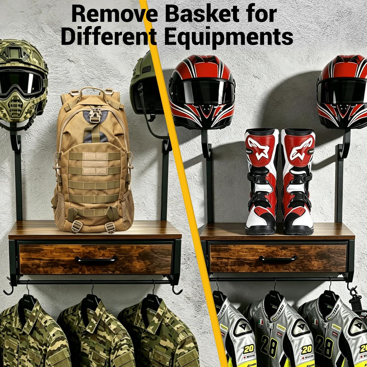 Motorcycle Helmet Holder Wall Mounted with 4 Hanging Hooks, Drawer & Mesh Basket, All-in-On Easy Access Gear Storage Organizer for Helmets Shape Protection, Motorcycle Accessories, Black