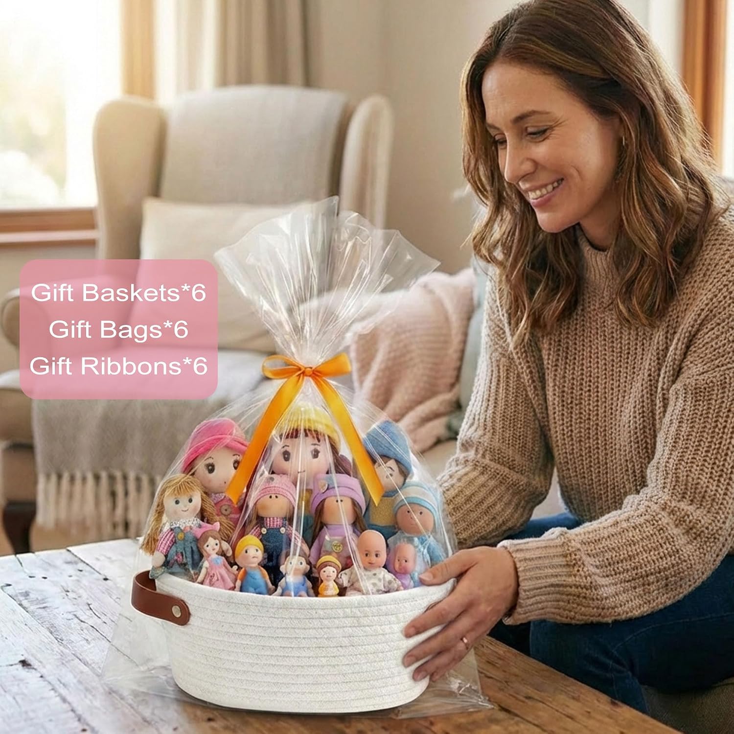 6-Pack Gift Basket Set, Cotton Rope Woven Basket with Gift Bag & Ribbon for Baby Showers, Newborn Celebrations, Events & Holiday Gifting, Beige