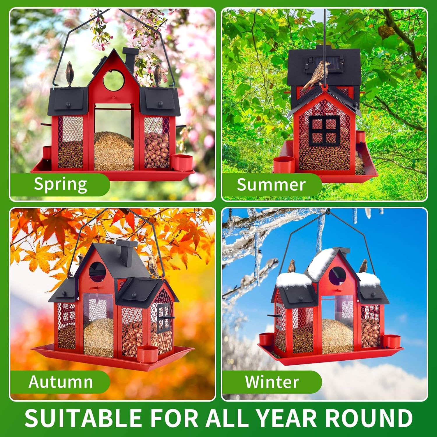 Solar Bird Feeders House for Outside Hanging, Metal Wild Bird Feeder for Outdoors, Large Cardinal Bird Feeder Birdhouses Squirrel Proof (Red) - Image 6