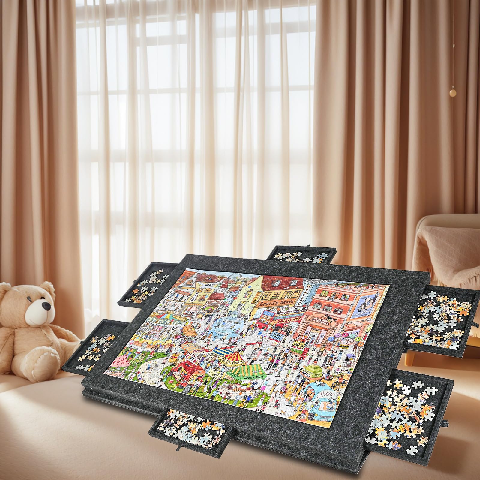 Kippbares Puzzlebrett Mit 2-In-1-StäNder Und Abdeckung, Ultraleichter Puzzletisch Aus Filz, Tragbarer Puzzletisch Mit 6 Schubladen, Bis Zu 1000 Puzzles