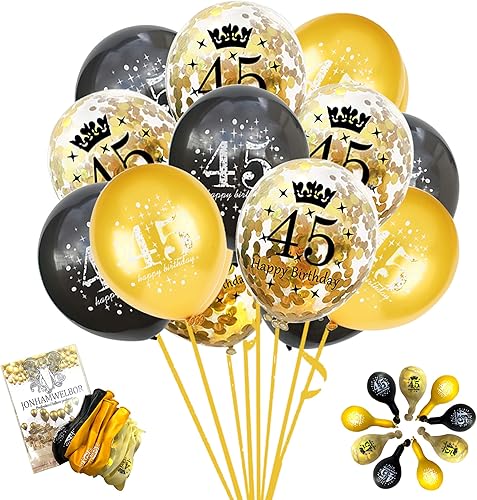 Jonhamwelbor Globos de 45 años para cumpleaños de 45 años, globos de látex con confeti de látex negro y dorado para hombres y mujeres, decoraciones