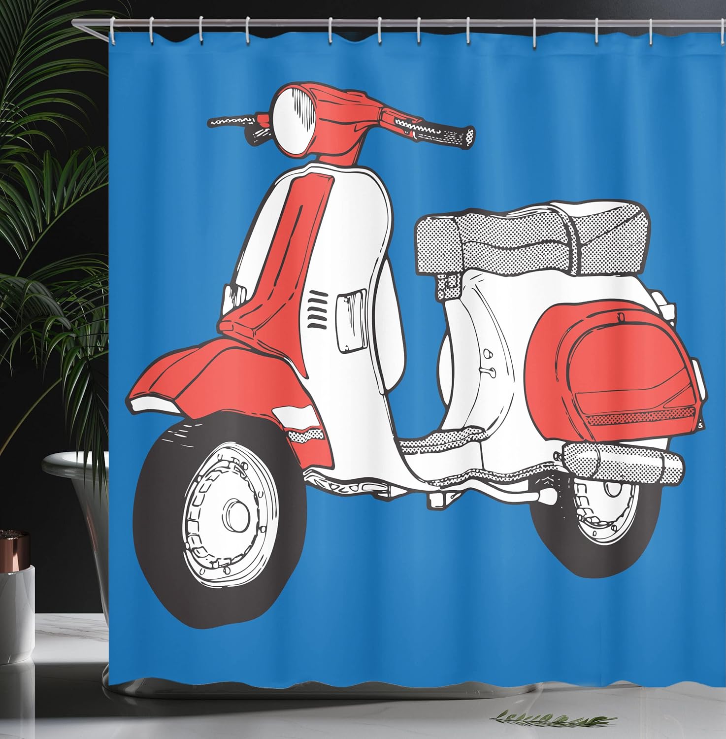 Ambesonne Funky Shower Curtain, Comic Style Scooter Motorcycle Retro Vintage Soho Wheels Rome Graphic Print, Cloth Fabric Bathroom Decor Set with Hooks, 69" W x 75" L, Vermilion White