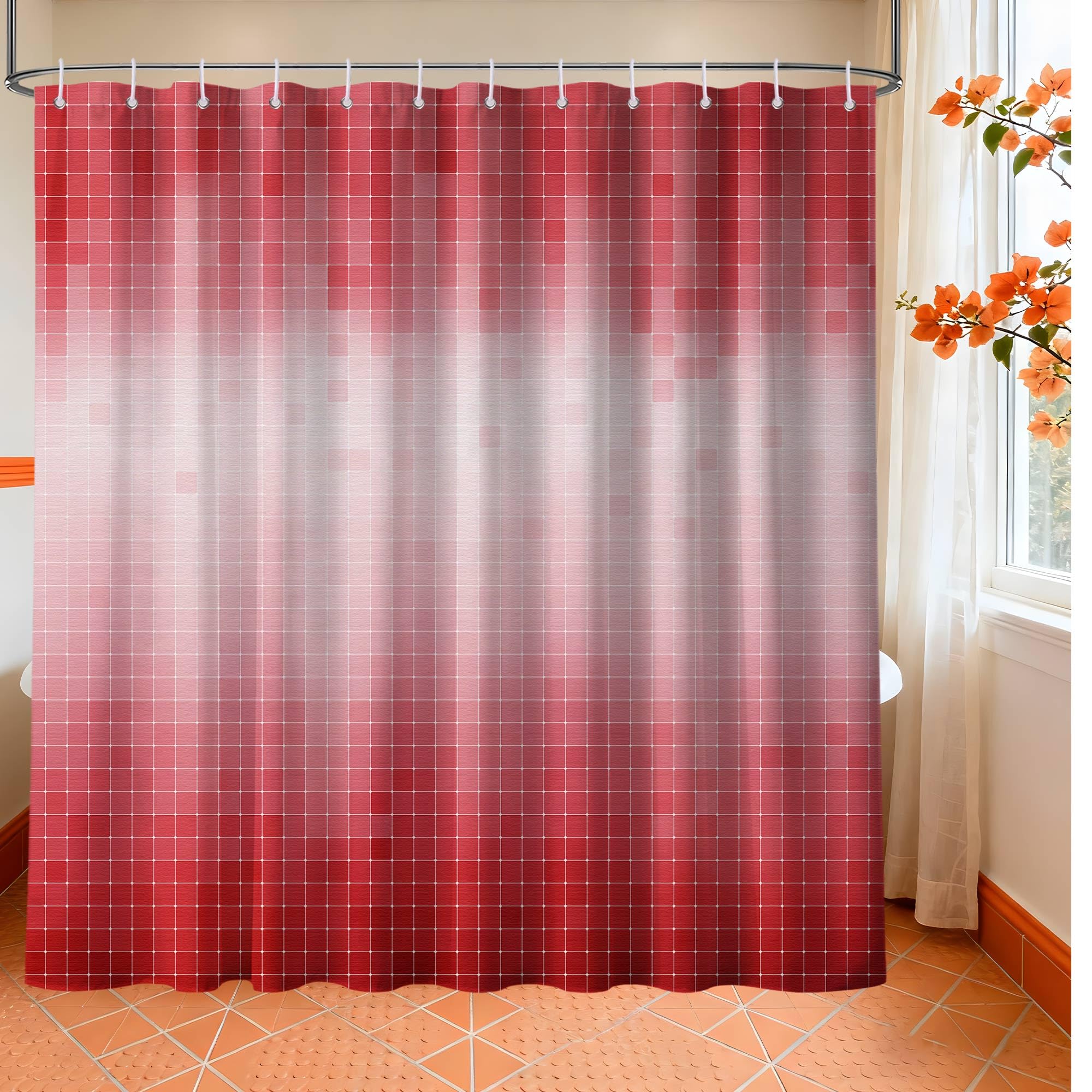 LanZanthic Red Mosaic Modern Shower Curtains for Bathroom Abstrct Geometric Wet Room Shower Curtain with hooks, Mould Proof Resistant, Waterproof, Washable, Fabric, 180 x 240 cm
