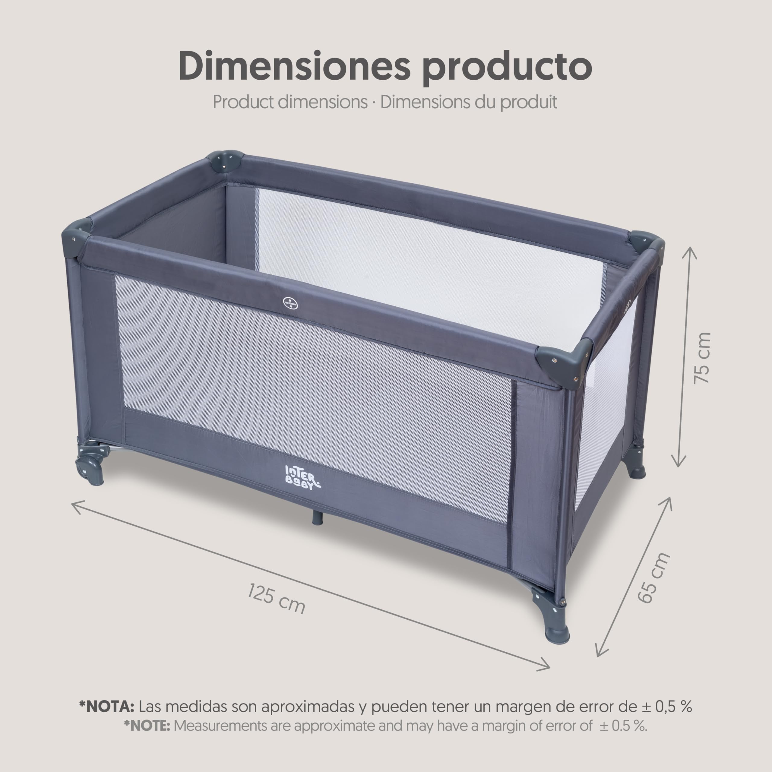 Interbaby - Cuna de Viaje Bebé Plegable con Ruedas y Bolsa de Transporte, Parque Cuna 2 en 1, Ligera y Compacta, Malla Transpirable, Compatible 120x60 cm, Desde Nacimiento hasta 3 Años (15 kg) (Gris)