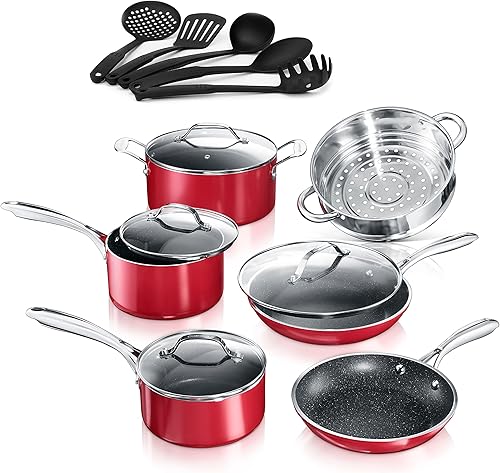 Juego de utensilios de cocina de granito rojo con piedra de granito, juego de ollas y sartenes antiadherentes, juego de utensilios de cocina de 10 Juego de utensilios de cocina de granito rojo con piedra de granito, juego de ollas y sartenes antiadherentes, juego de utensilios de cocina de 10