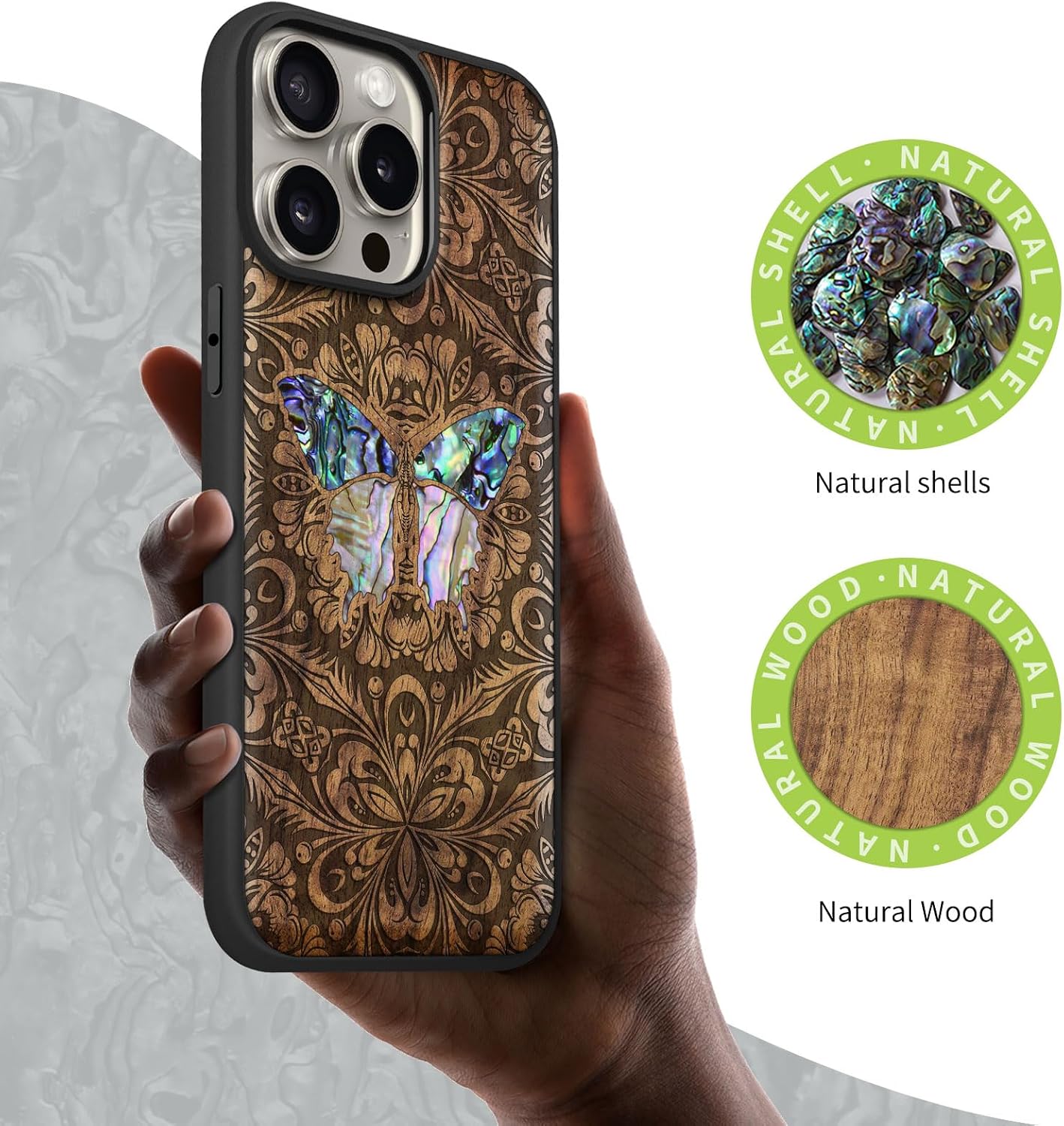 Carveit Wooden Case for iPhone 15 Pro Max Magnetic Case, Compatible with MagSafe Wireless Chargers, Shockproof Cover, Handmade Shell Inlaid & Wood Artisan Engraved (Baroque Butterfly) Walnut
