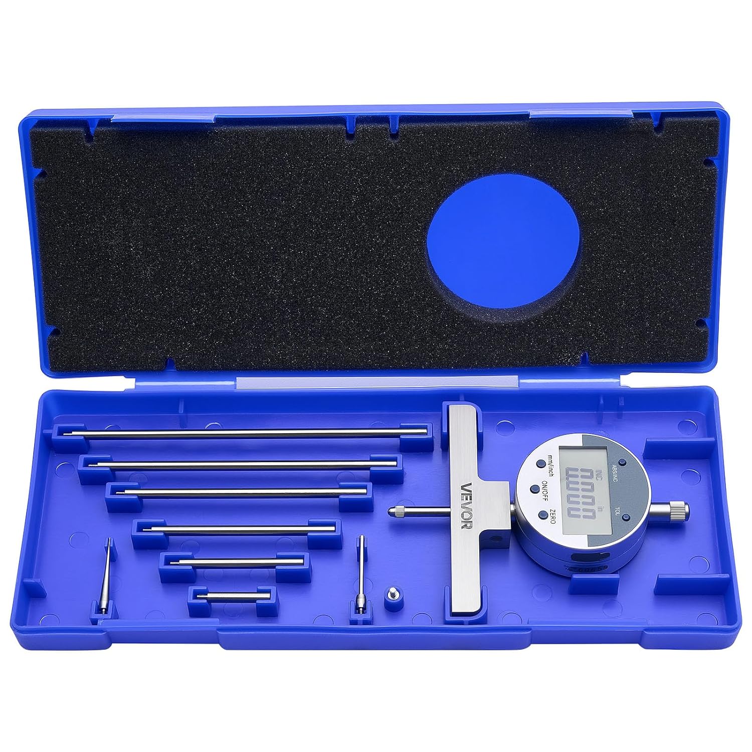 VEVOR Digital Depth Micrometer Gauge 0-22in Range, 0.0005" Resolution, ±0.001in Accuracy, 4 Anvils for Grooves, Steps, Holes - Precision Measuring Tool
