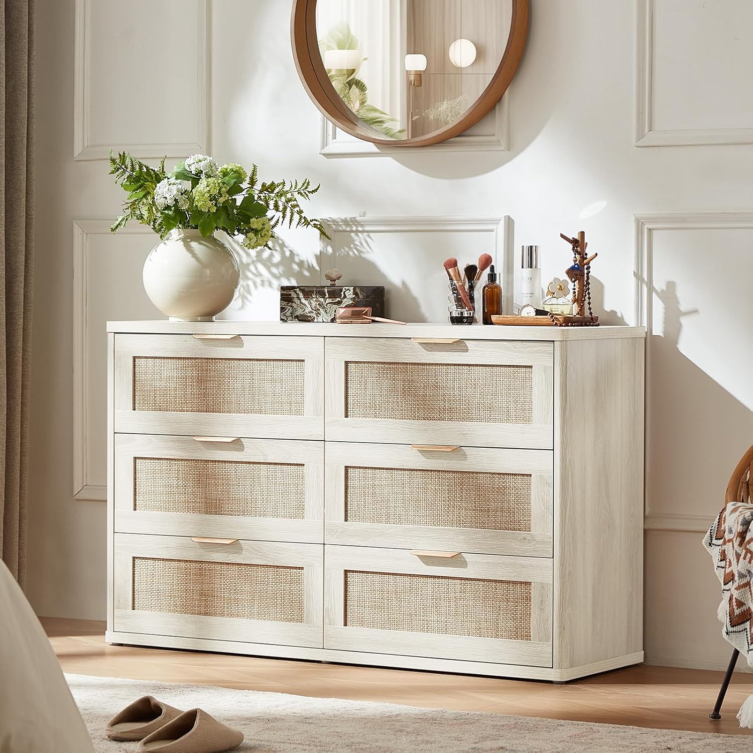 LEYAOYAO Rattan Dresser and Nightstand Set of 4, Boho Wood Dresser for Bedroom with 6 Drawers and Night Stand with Charging Station, Bedroom Furniture,Dressers & Chests of Drawers,Living Room,Hallway