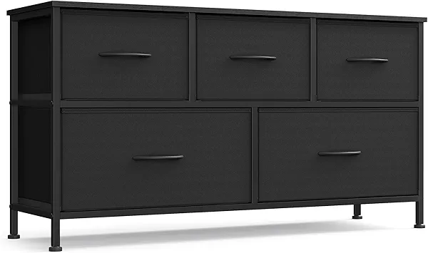 SONGMICS Dresser for Bedroom, Chest of Drawers, TV Stand, Steel, MDF, 5 Non-Woven Fabric Drawers, Storage Organizer Unit, Closet, Entryway, Ink Black and Ebony Black ULGS322B01S Ink Black + 