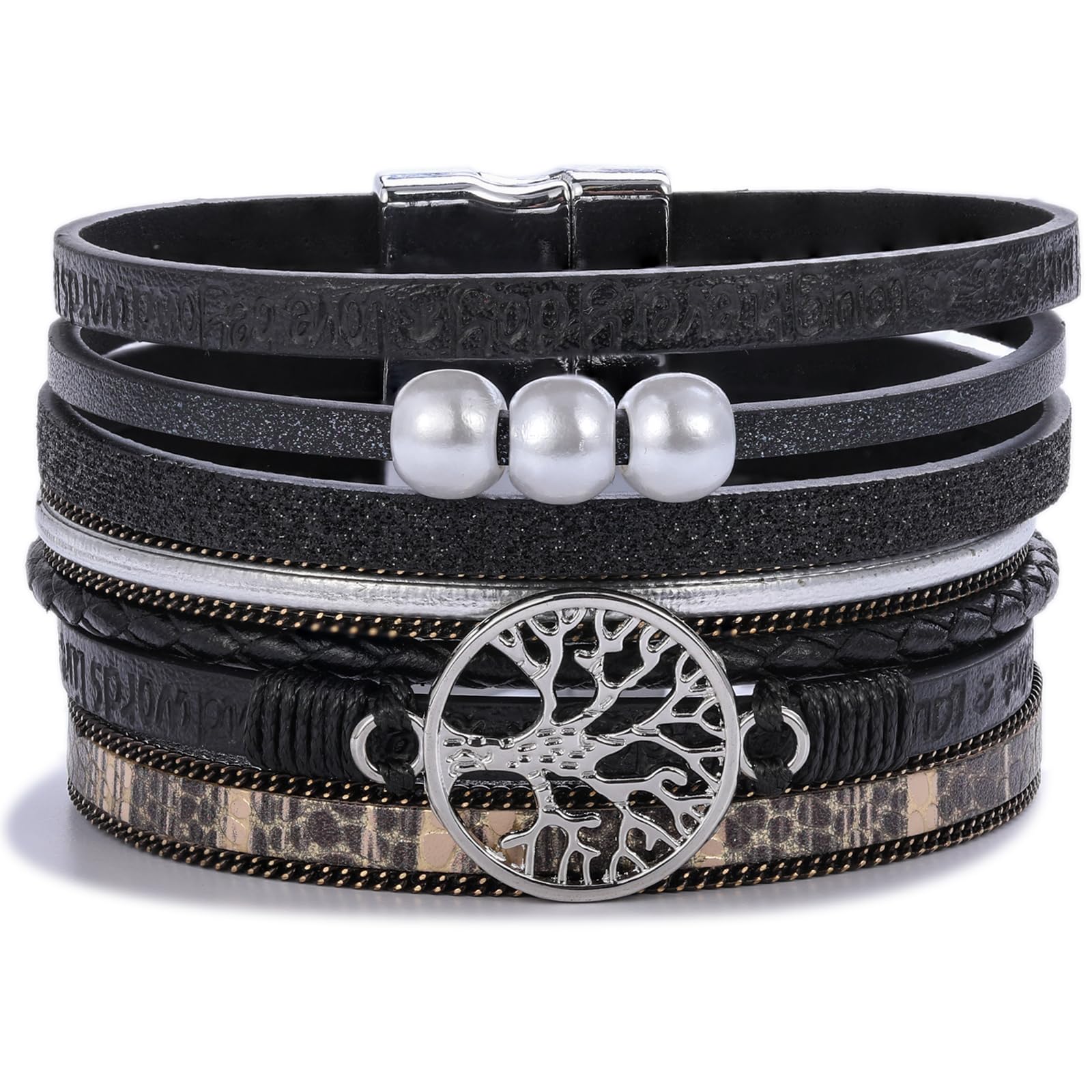 FANCY SHINY Tree of Life Leather Wrap Bracelet Inspirational Cuff Bangles Boho Pearl Bracelets with Magnetic Clasp Unique Jewelry Gifts for Women