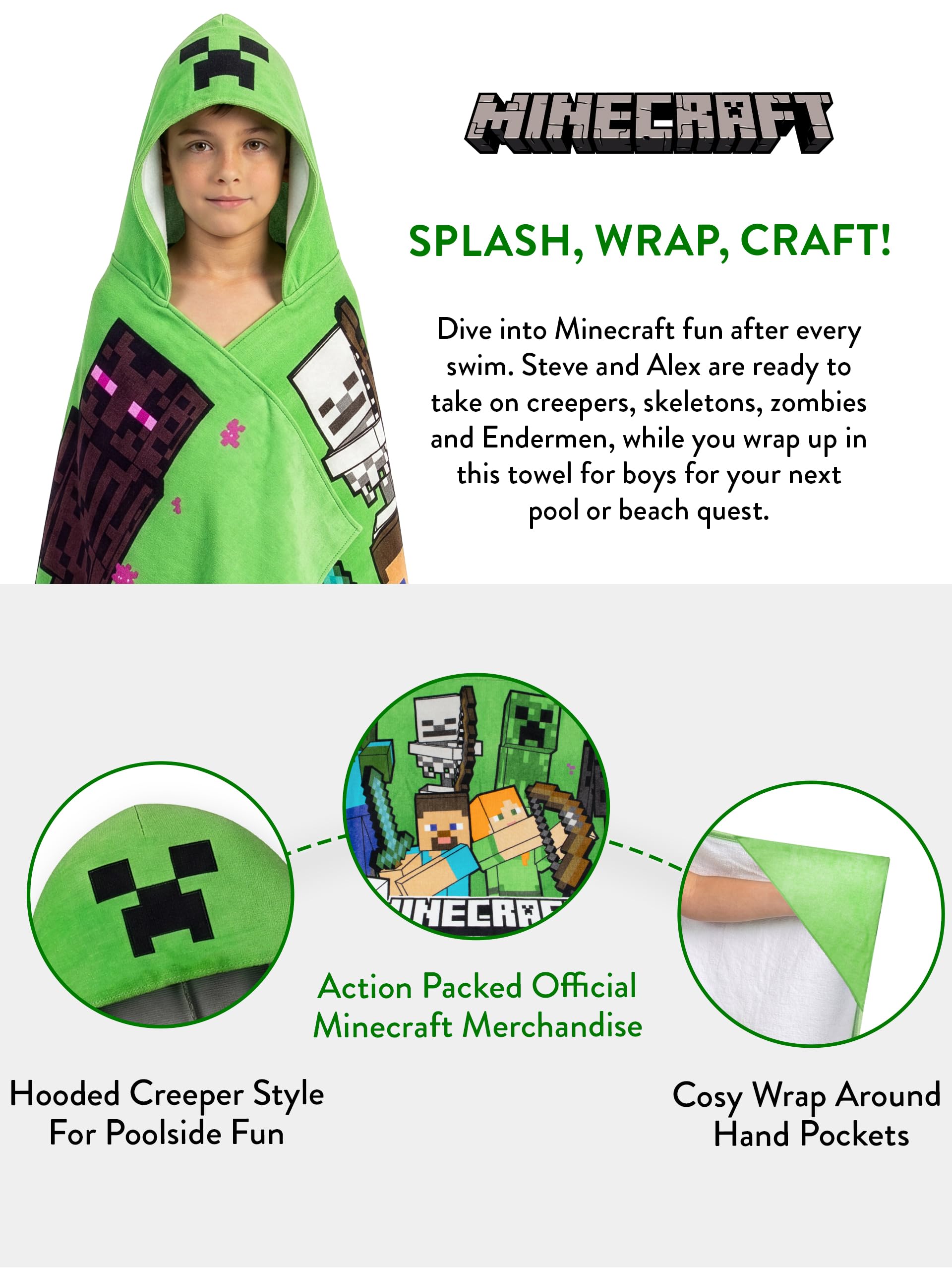 Minecraft Asciugamano Bambini Mare, Accappatoio Poncho con Cappuccio Creeper, Telo Mare Cotone bambini per piscina o spiaggia, taglia unica