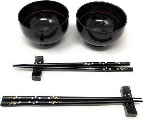 TJ Global Juego de cuencos de cocina asiática japonesa con 2 cuencos, 2 pares de palillos y 2 soportes para palillos para servir arroz, sopa,