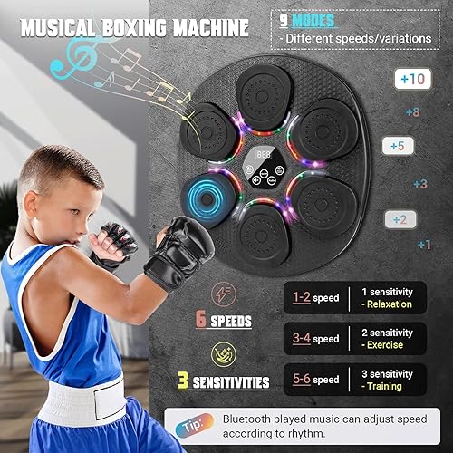 Miniatura 4 de Music Boxing Machine for Adults & Kids, Bluetooth Smart Boxing Wall Machine with Gloves(2 Pairs), 9 Modes, 6 Speeds & 3 Sensitivity, Electric Light