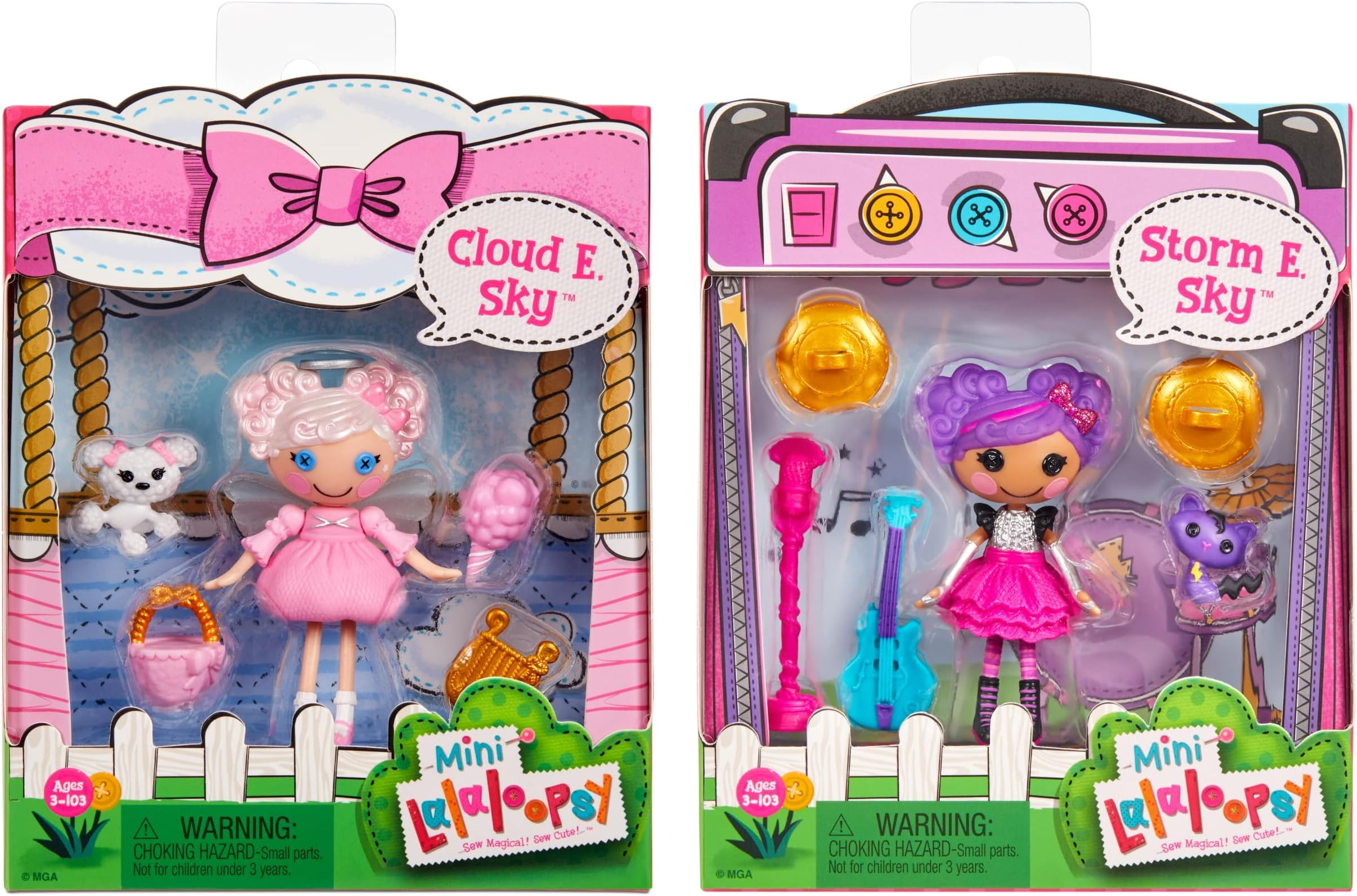 Lalaloopsy Mini Doll 2-Pack – Cloud E. Sky + Storm E. Sky with Mini Pets Poodle & Cat, Two 3” Mini Dolls with Accessories, in Reusable House Package playset, for Ages 3-103, Multicolor