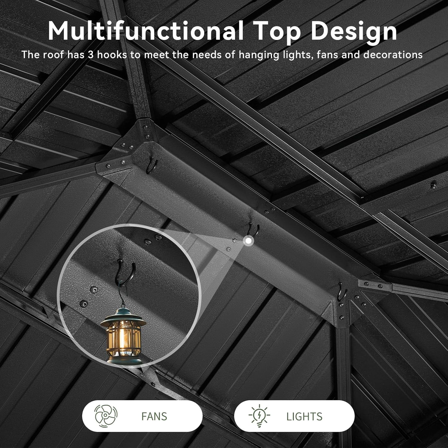 Close-up of the gazebo roof interior showing hooks for hanging items like lights or fans