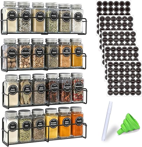 Miniatura 7 de VITEVER Estante Magnético para Especias, Juego de 4, 24 Frascos Cuadrados de Vidrio con Tapas, Etiquetas Preimpresas para Búsqueda Rápida, Embudo,