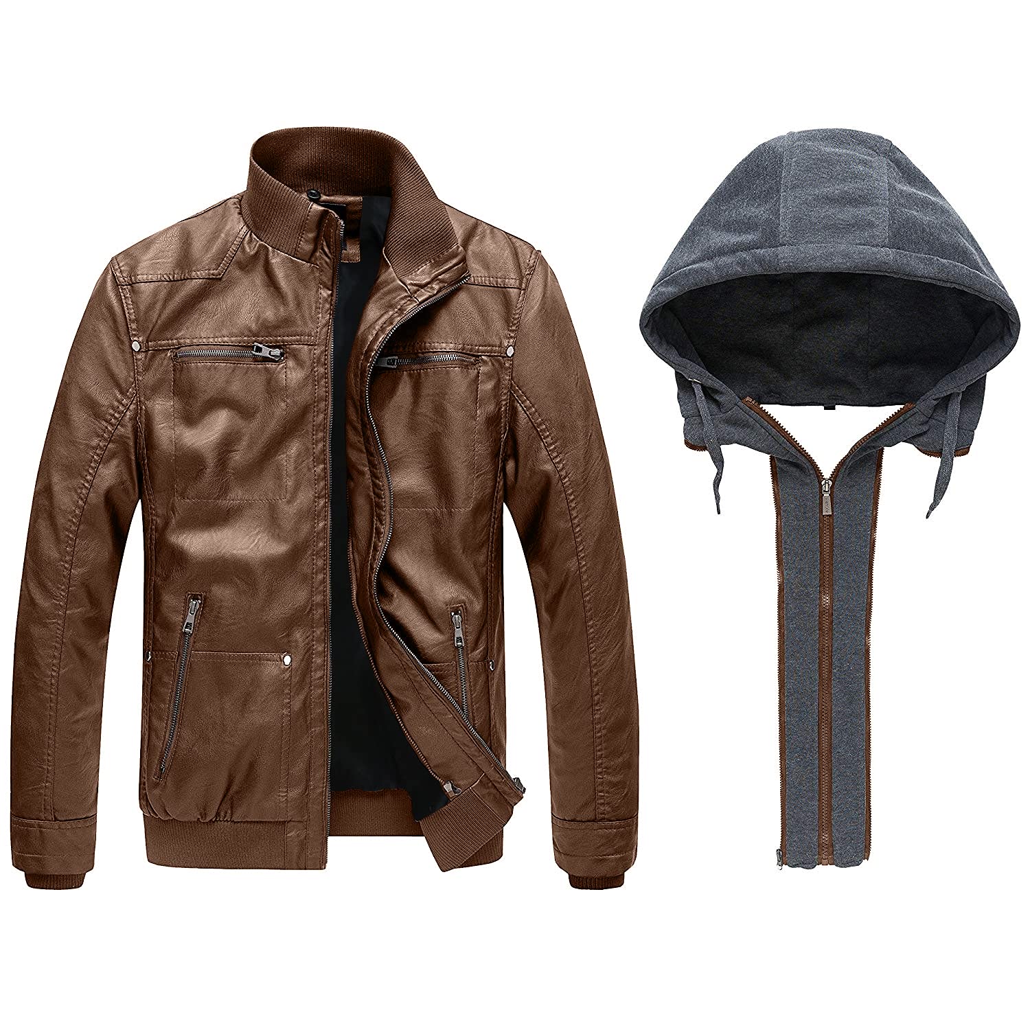 Wantdo Giacca in Pelle da Uomo Giubbotto con Cappuccio Rimovibile da Lavoro Mezza Stagione Primavera Antivento Antipioggia Giacca da Moto Casual