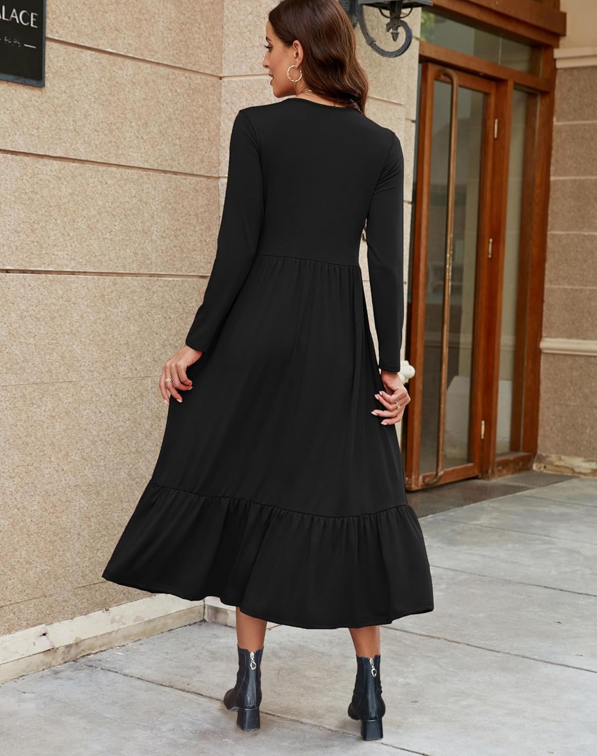 Auhoot Women's Long Sleeve Fall Dress 2026 Spring Crewneck Casual Swing Pleated Tiered Long Maxi Dresses with Pockets - Image 4
