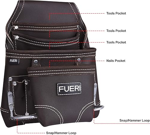 Miniatura 3 de FUERI Bolsa de herramientas de cuero para carpinteros con 10 bolsillos para cinturón  Cuero curtido al aceite de alta calidad, organizador de