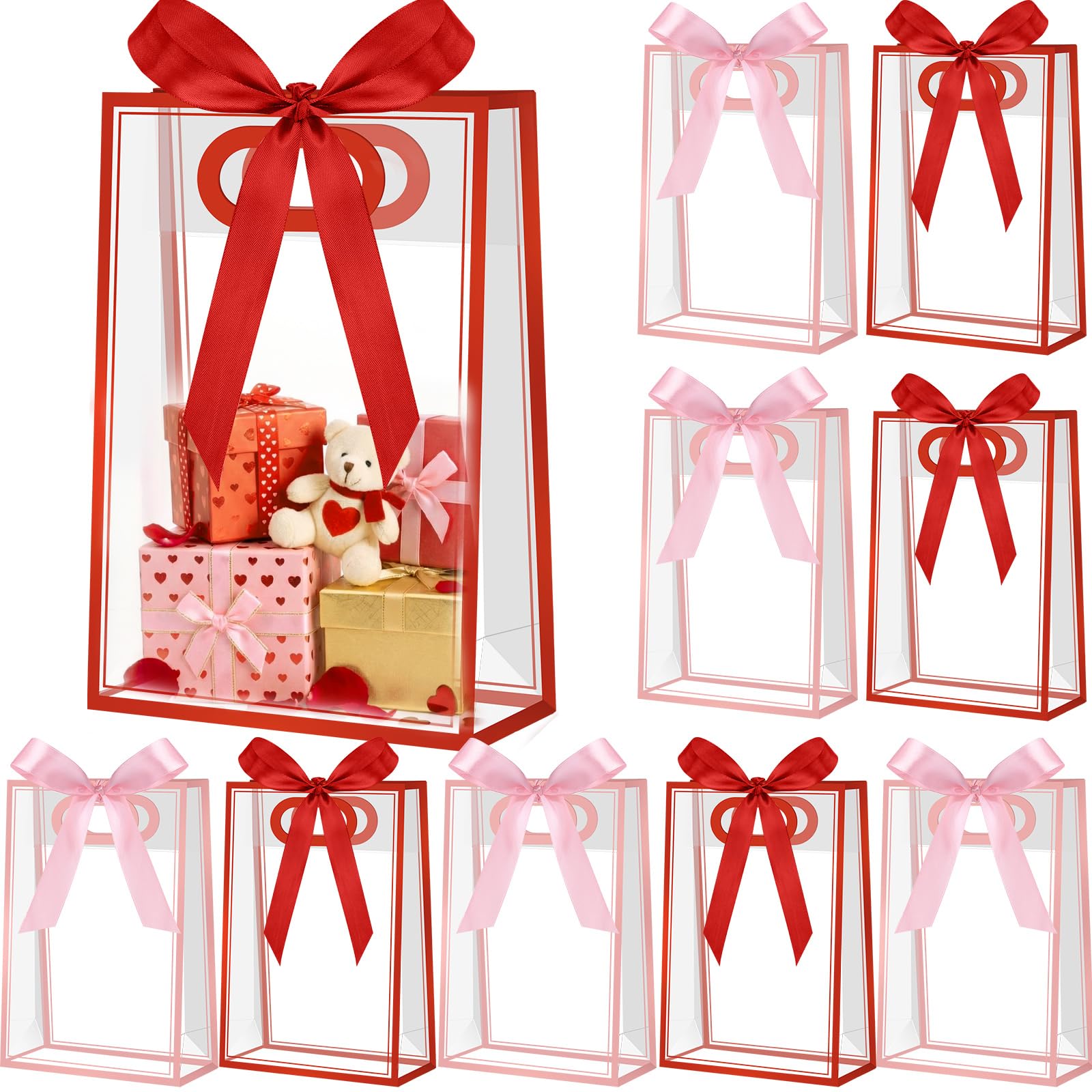 Mooliwe 12 Pcs Red Pink Clear Plastic Gift Bags with Handles 10.2 x 7.08 x 3.15 in Reusable Treat Bags with Ribbons Goodie Gift Wrap Bag for Valentine Parties, Birthday, Wedding Supplies