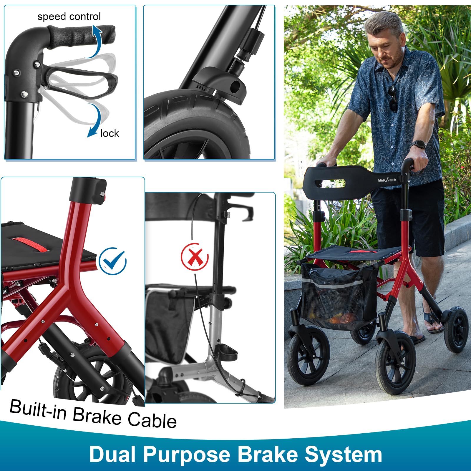 MAXWALK Deambulatore per anziani alti, ruote in gomma grandi da 30,5 cm per tutti i terreni, deambulatore pieghevole con cavo integrato, schienale in rete traspirante, per esterni, manico e sedile