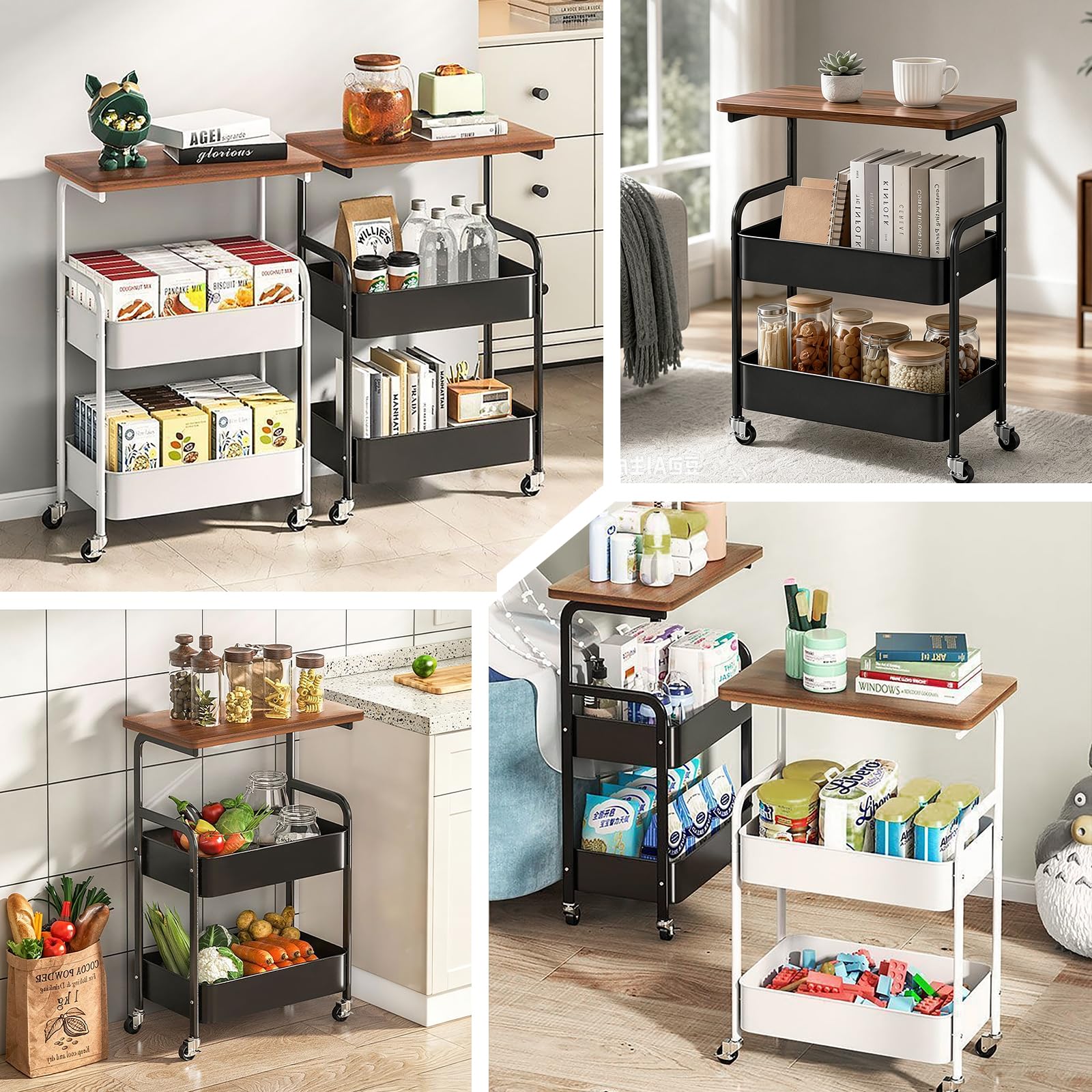 Carro de metal con ruedas de 3 niveles con placa de madera y tablero, carrito de cocina con ruedas y freno, estable para cocina, oficina, baño, para manualidades, color negro, ahorra espacio
