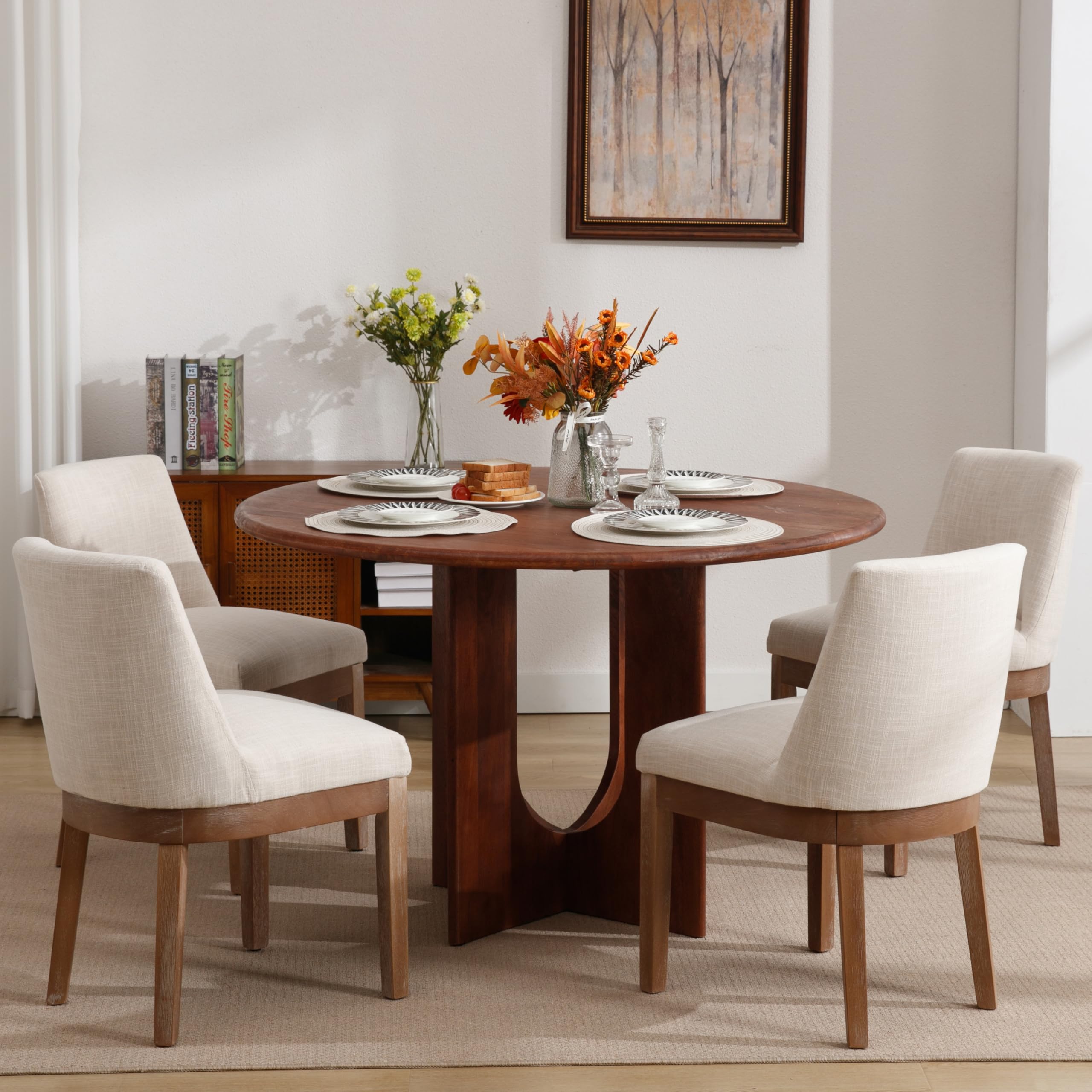 Modern Dining Chairs Set of 4 Comfortable Dining Room Chairs with Back, Linen Fabric Upholstered Kitchen Side Chairs wit