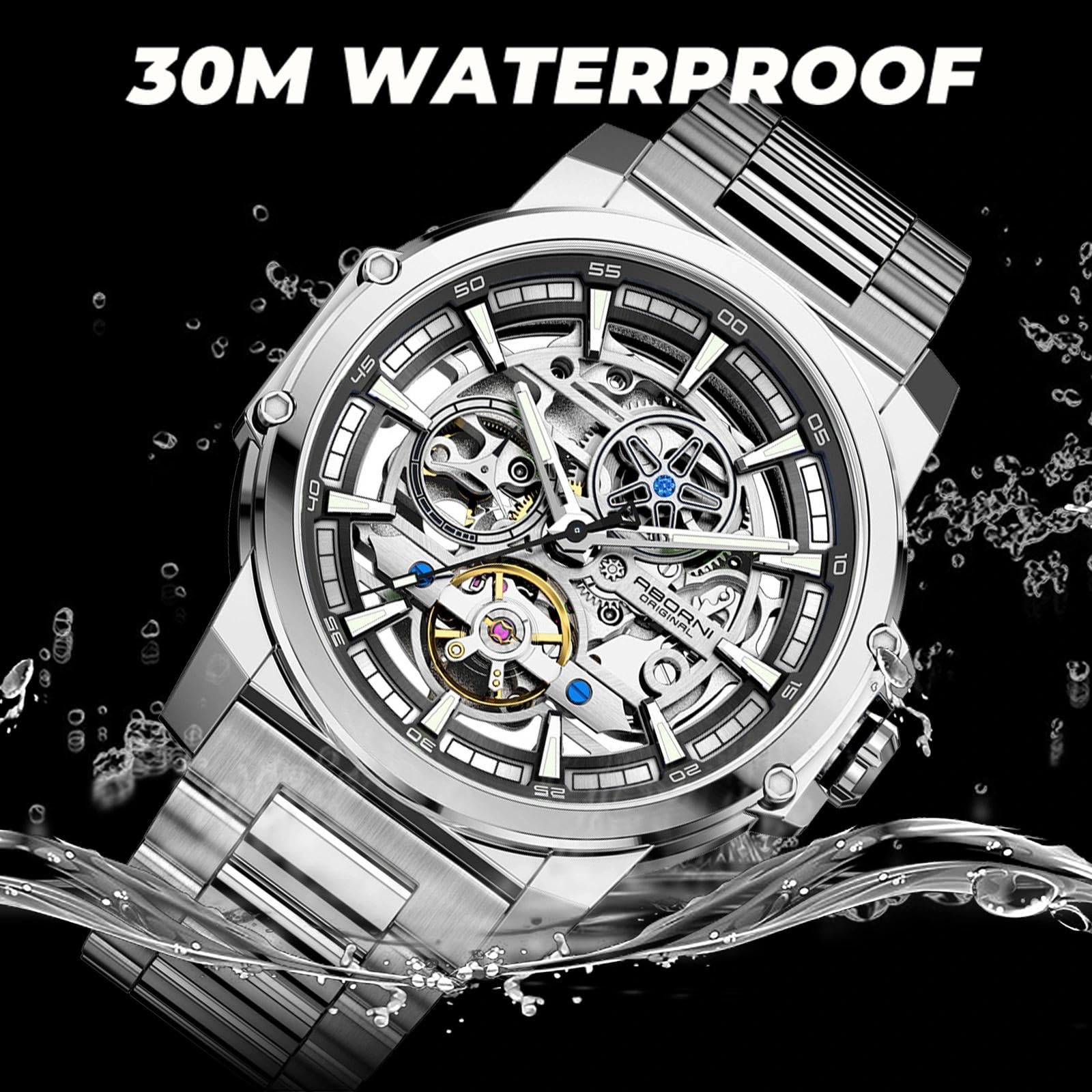 FORSINING Herren Luxus Automatik Skelett Mechanische Uhr Industriestil Selbstaufzug Hohl Uhren mit Tourbillon & Leuchtfunktion Edelstahlband Herren Armbanduhr