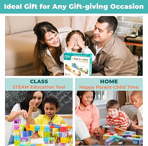 Miniatura 7 de QBI Juego de bloques magnéticos, bloques de construcción STEM 4 en 1 con 4 autos y azulejos de pista 3D, juguetes educativos sensoriales magnéticos,