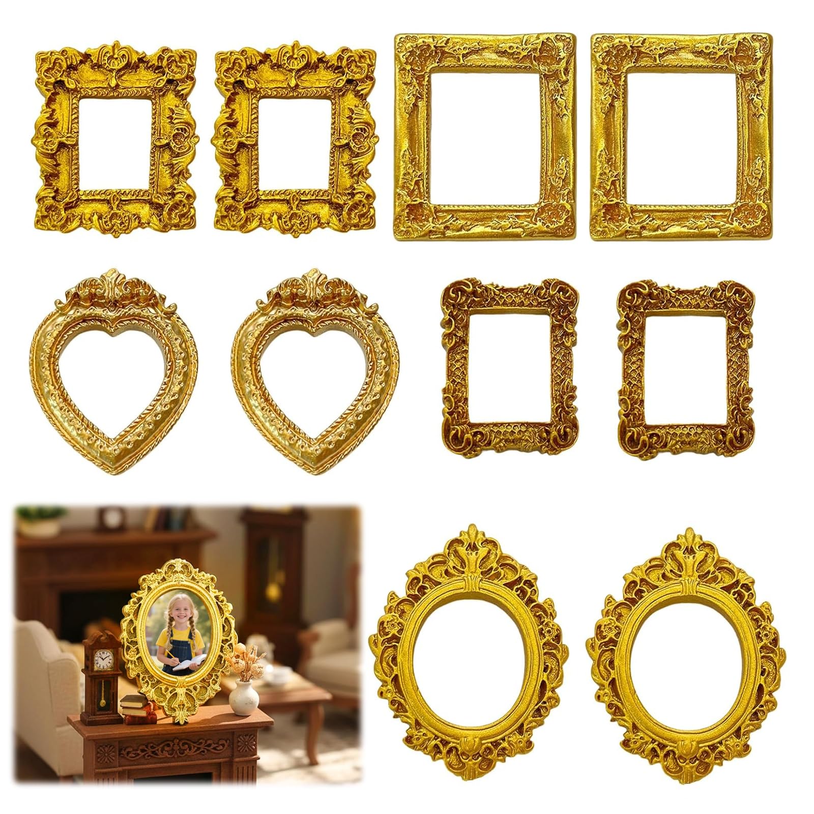 10 Pezzi Mini Cornici Vintage in Resina, Cornici per Foto Piccole in Oro Dorate Barocco 5 Stili Decorativi Mini per Foto, Piccole Cornici Dorate per Esposizione di Gioielli Decorazione per Feste