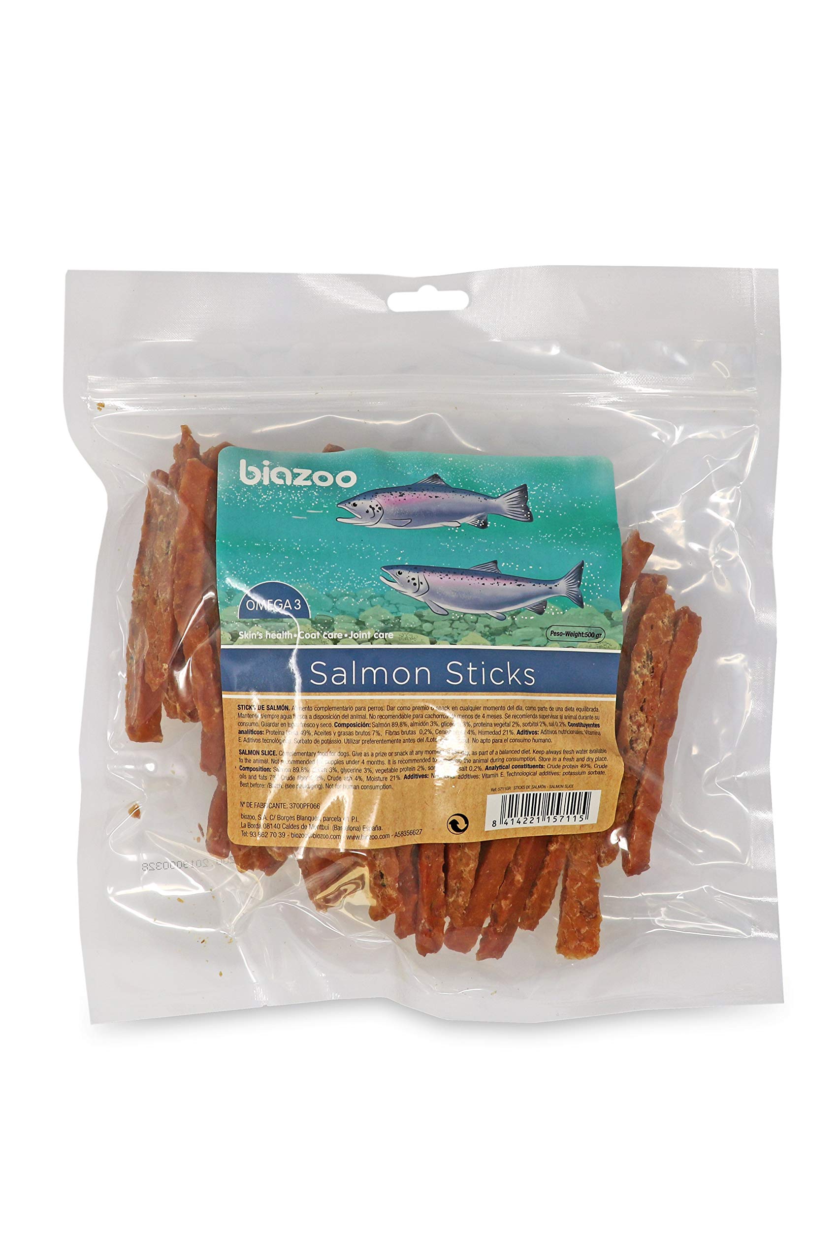Biazoo Tiras de salmón desecado 500 grs. Snacks para Perros apto para todas las razas y tamaños. Snack altamente diferible y con alto contenido en proteína