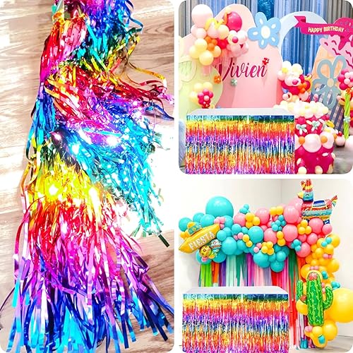 Miniatura 6 de Decoraciones de fiesta de serpentinas de arco iris, 2 paquetes de faldas de mesa arcoíris degradadas con flecos metálicos para cumpleaños,