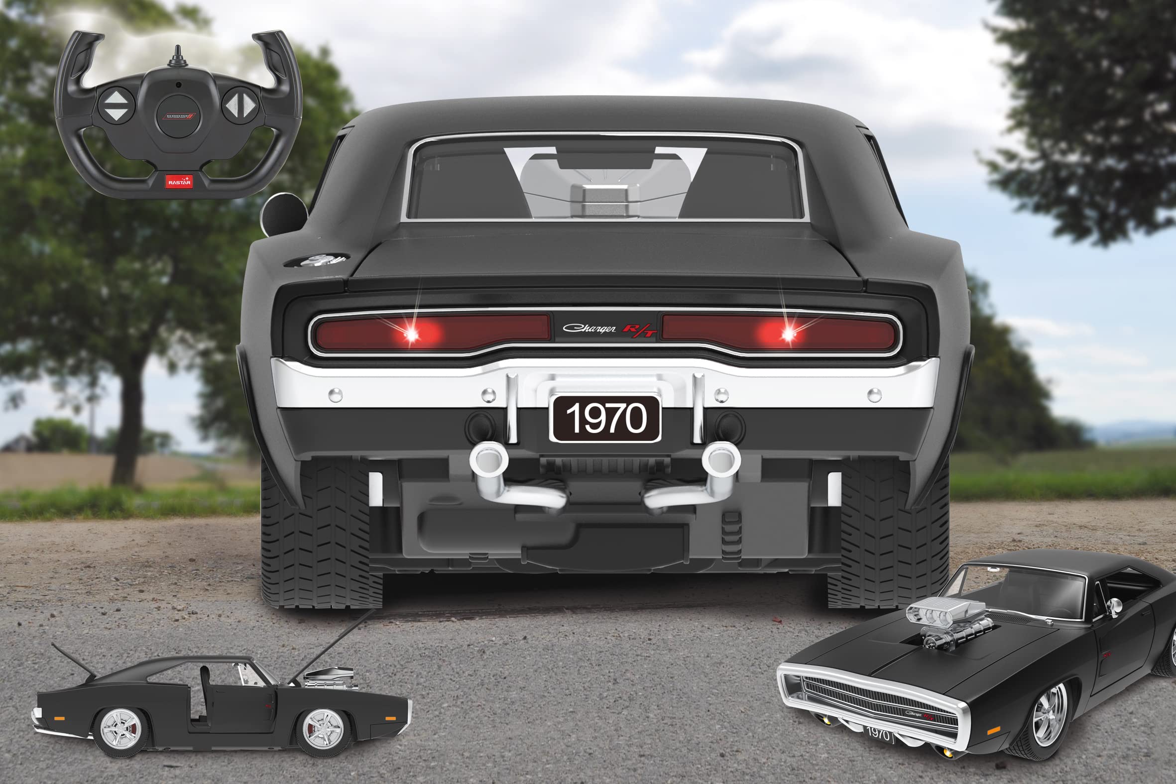 Jamara- Dodge Charger R/T 1970 1:16 Ręczna Drzwi 2,4 GHz-Oficjalnie licencjonowane wnętrze-Szczegółowe malowanie wierne oryginalnemu - zdalnie sterowany samochód RC, 402117, Czarny