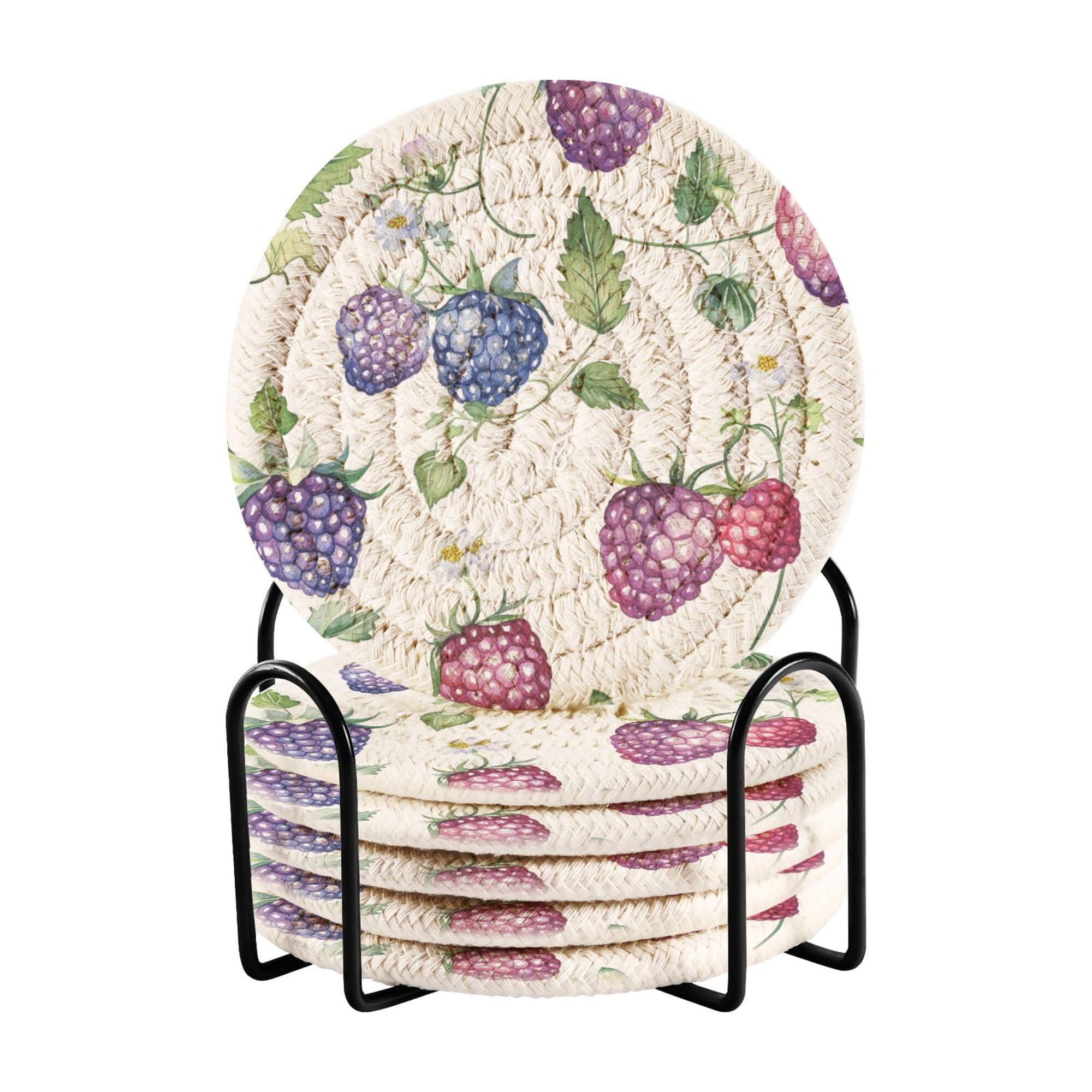 Fresh Dewberry Fruit White Cotton Rope Coasters with Holder Set of 6 Table Coasters