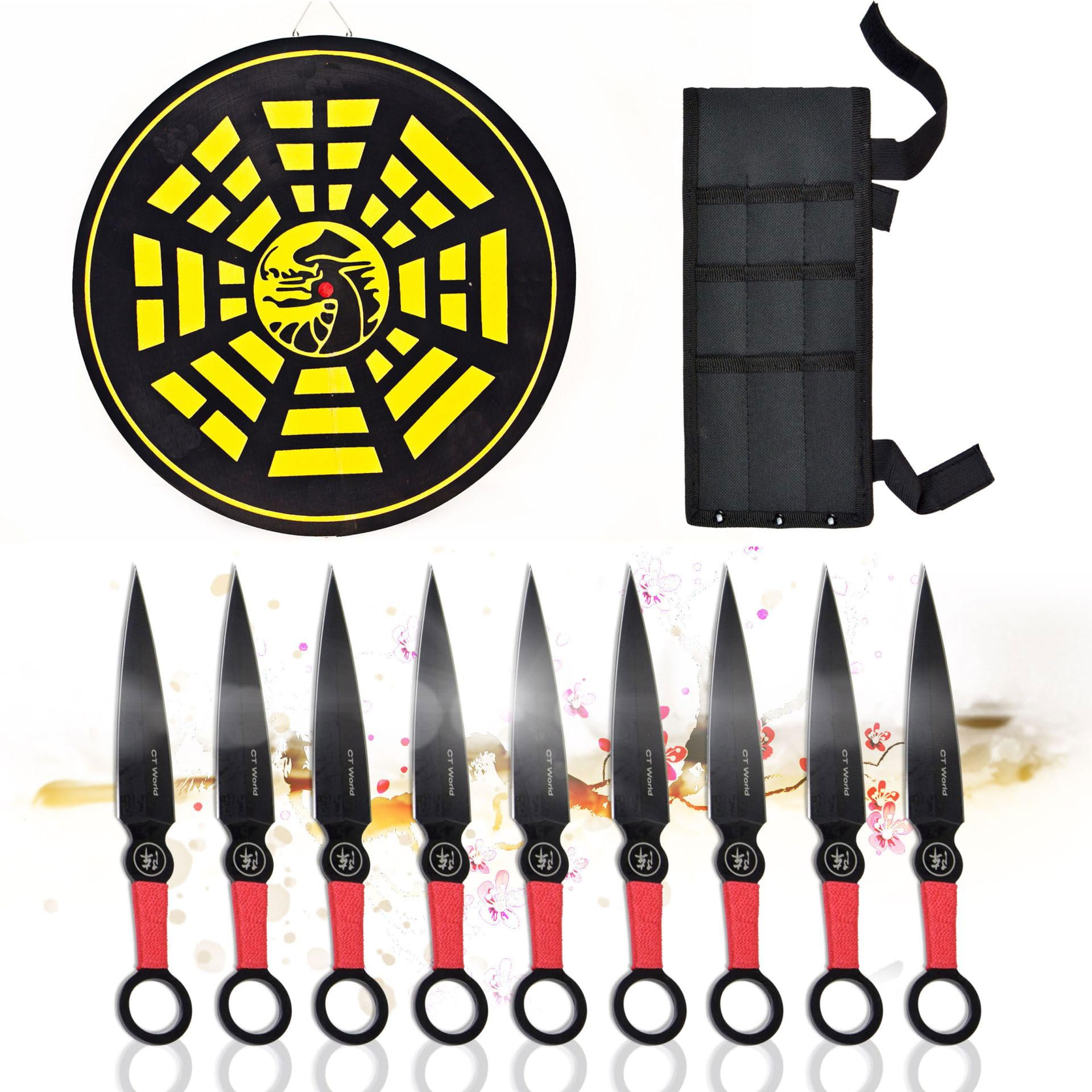 Swords and more 9-teiliges Outdoor-Messer-Set aus Edelstahl mit Zielscheibe – kompakte Campingmesser mit Gürtelscheide und rutschfestem Griff – Ideal für Outdoor, Camping & Cosplay – Schwarz
